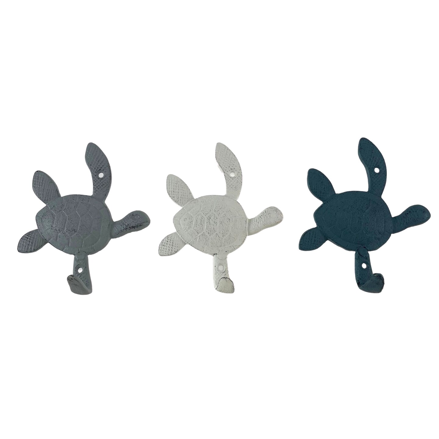Cast Iron Sea Turtle Wall Hook Set &#x2013; Blue, Gray, White, Indoor/Outdoor Use