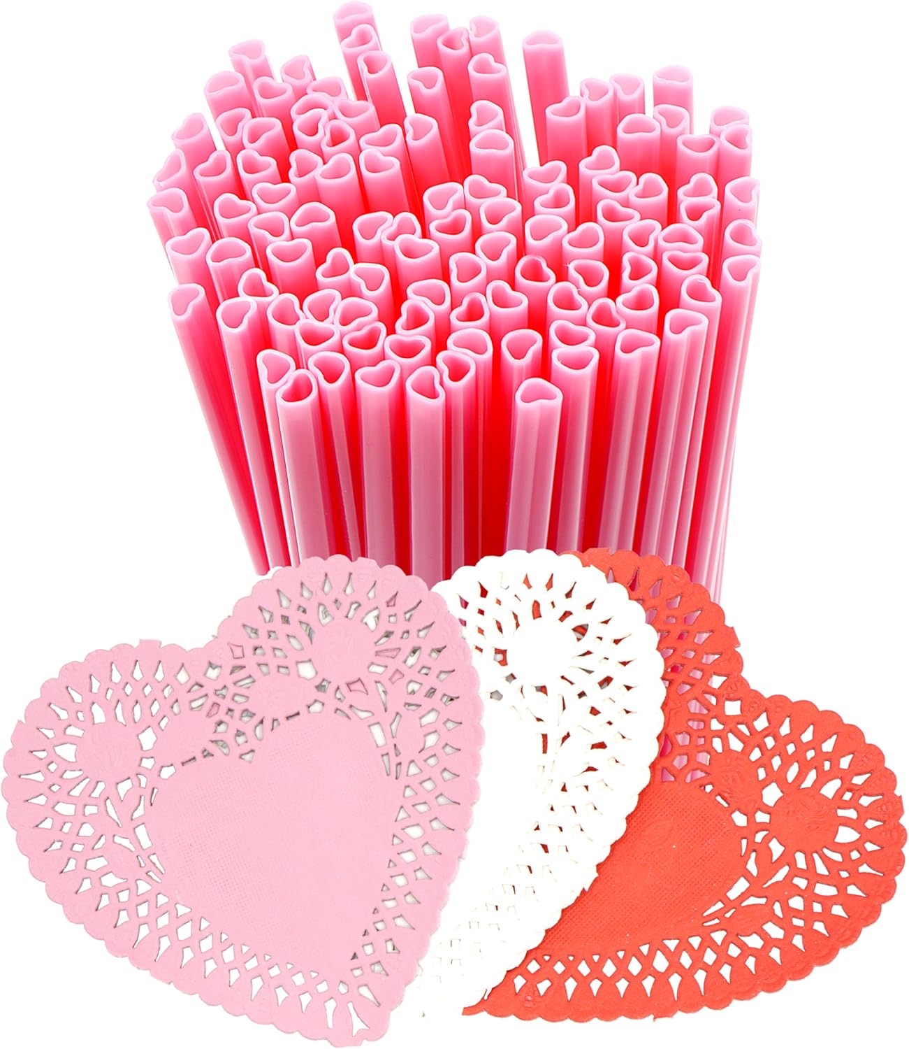 4E&#x27;s Novelty 50 Pcs Pink Heart Shaped Straws &#x26; Doilies