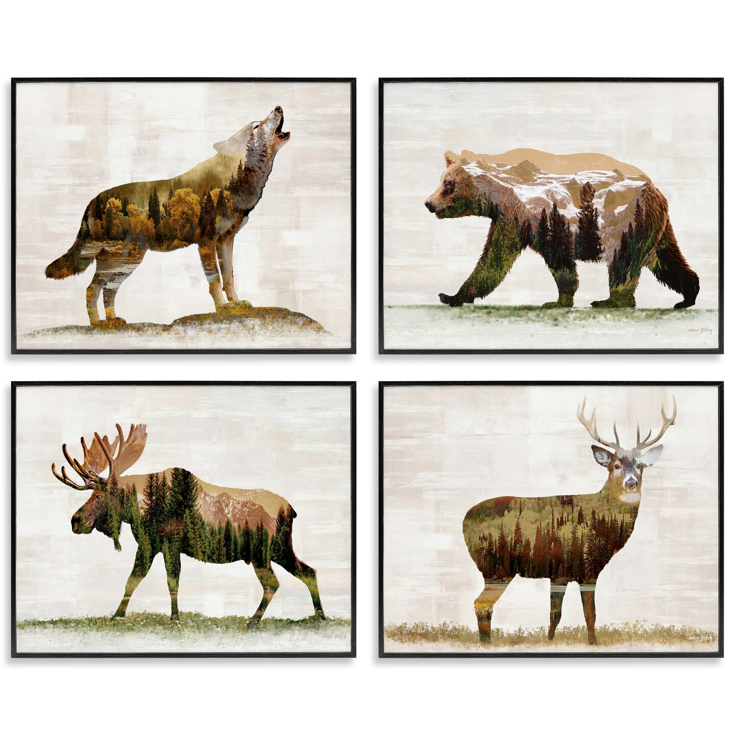 Stupell Industries Woodland Animals Rustic Pattern 4 pc Framed Giclee Wall Art Set Design by Amber Sterling