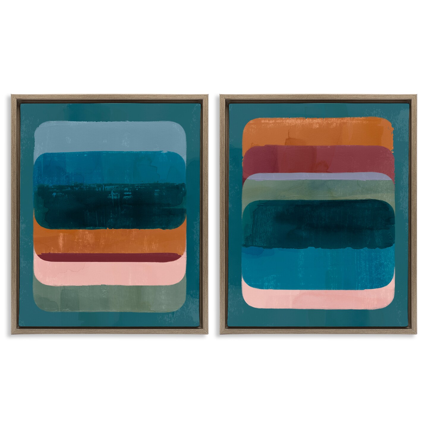 Stupell Industries Abstract Teal Stacked Colors 2 pc Framed Floater Canvas Wall Art Set Design by Victoria Barnes