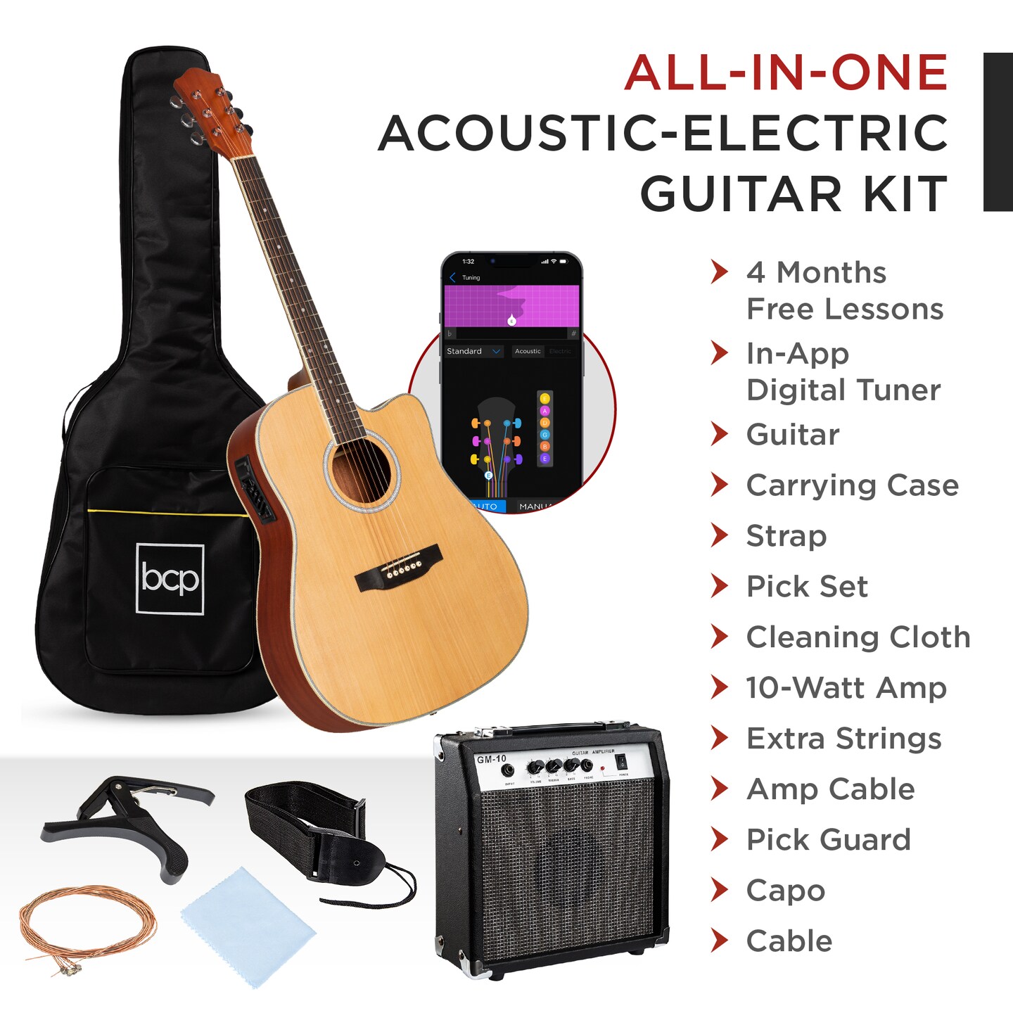 Best Choice Products Beginner Acoustic Electric Guitar Starter Set 41in w/ All Wood Cutaway Design, Case
