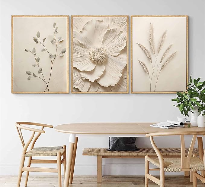 3Pcs Neutral Beige Floral Plant Canvas Wall art Textured Flower Botanical Painting Picture Wall Decor Vintage Blossom Poster Prints for Living Room Bedroom Bathroom Decoration Unframed