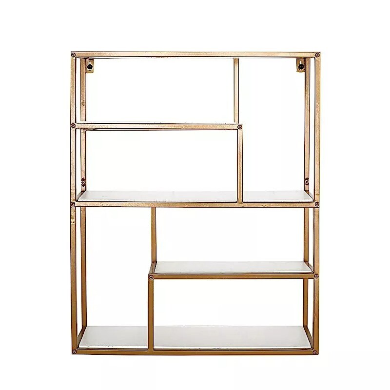22 in Gold 4 Tier Rectangle Metal Geometric HANGING SHELF White Wood Party Home
