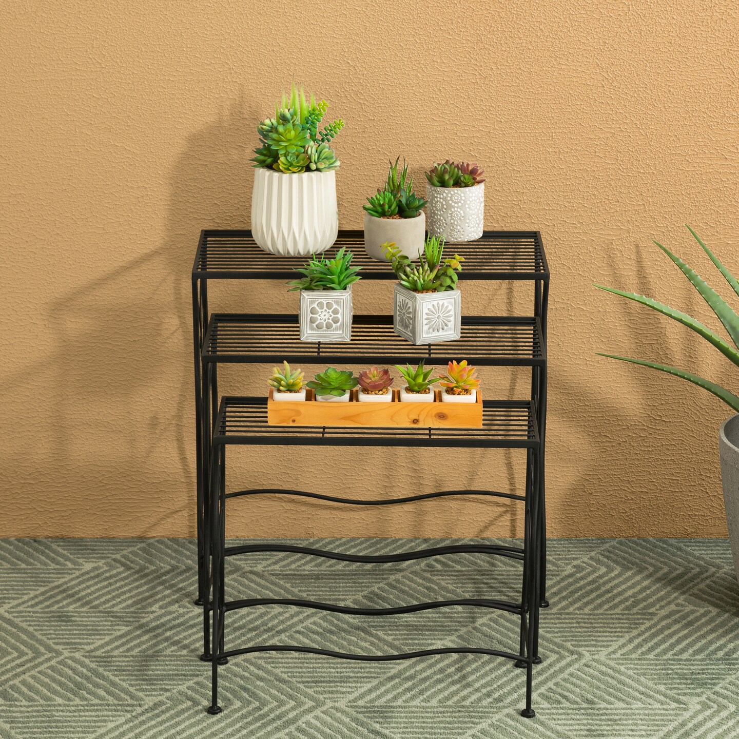 Set of 3 Rectangular Nesting Black Metal Plant Stand