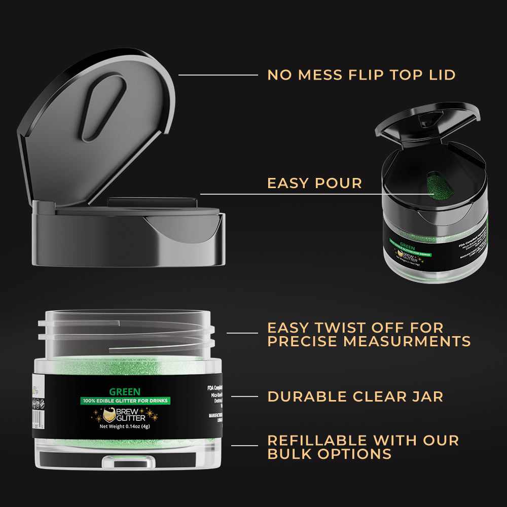 Brew Glitter - Green Edible Drink Glitter (4g, x1 Flip-Cap Jar) for Beer, Cocktails and Beverages