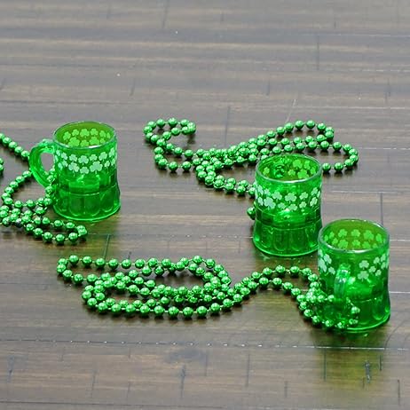 4E&#x27;s Novelty St Patricks Day Beads Necklace With Shot Glasses Beer Mug Pack of 12 &#x2013; Green Irish Gifts Party Favors Supplies, Costume Accessories (Transparent Green With Shamrock)
