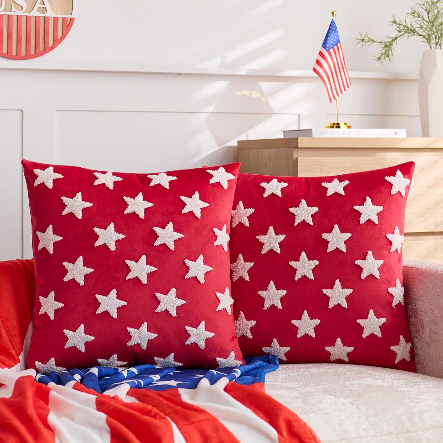 20x20 Inch Set of 2 Star American Throw Pillow Covers for 4th of July Decorations