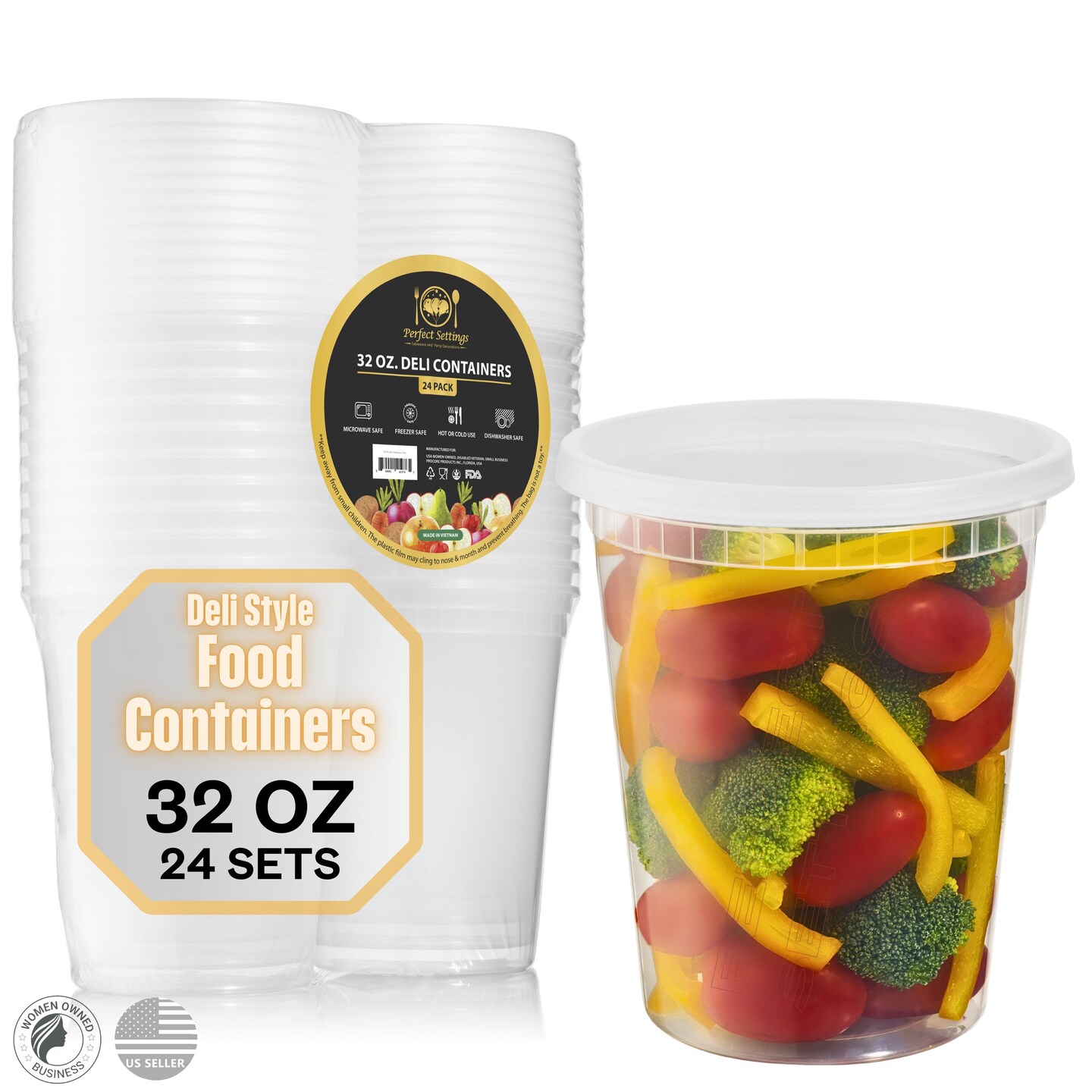 Perfect Settings 32oz Deli Containers with Lids - 24 Sets Quart Freezer Storage Containers - Leakproof, Stackable, Microwave Safe Soup Storage Plastic Soup Containers for Meal Prep Leftovers Takeout