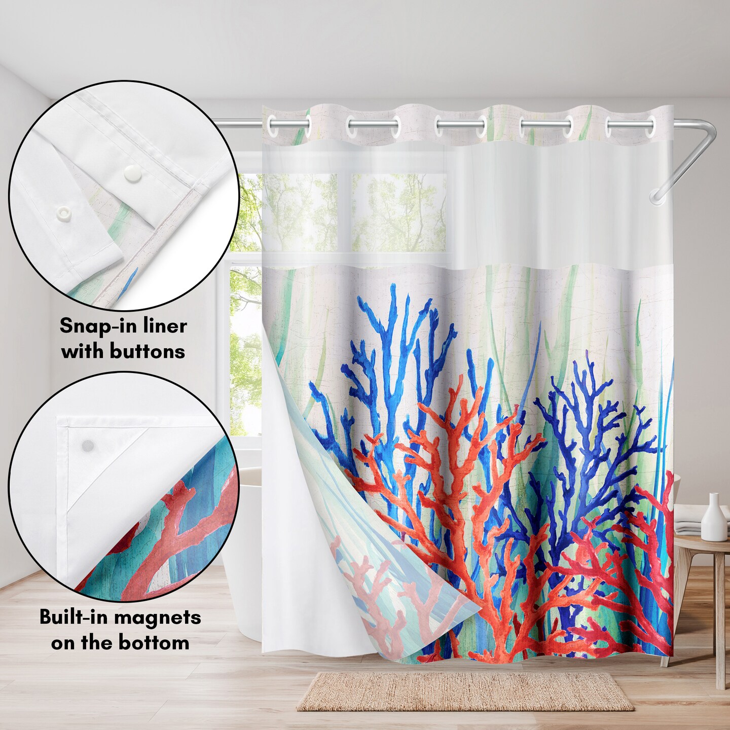 Americanflat 72x75 Hookless Shower Curtain - Coastal Orange Blue Shower Curtain with Sheer Panel, Snap-In Liner, and Grommets - 100% Polyester