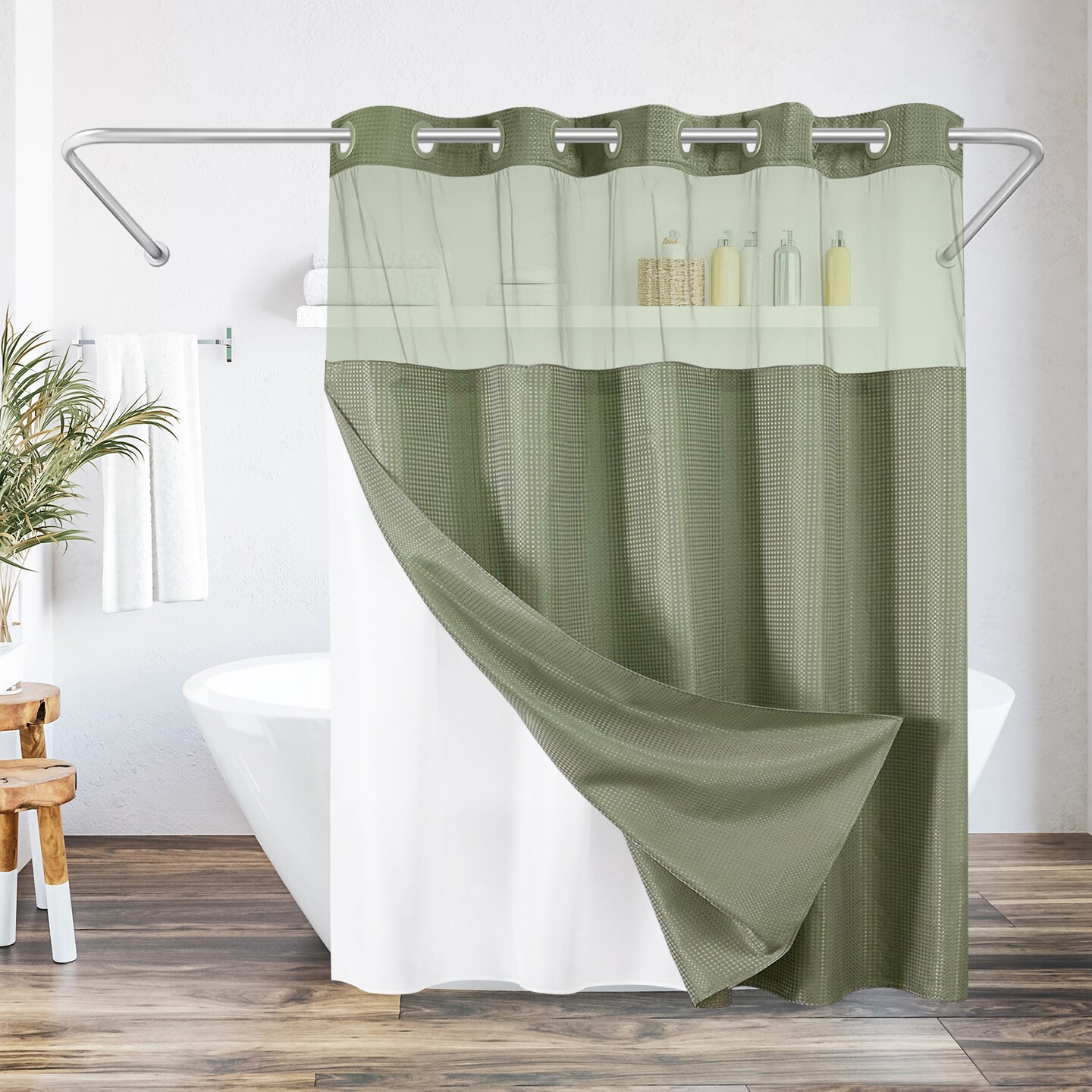 Americanflat 72x75 Hookless Waffle Pattern Shower Curtain - Water-Resistant Long Shower Curtain with Sheer Panel, Snap-In Liner, and Grommets
