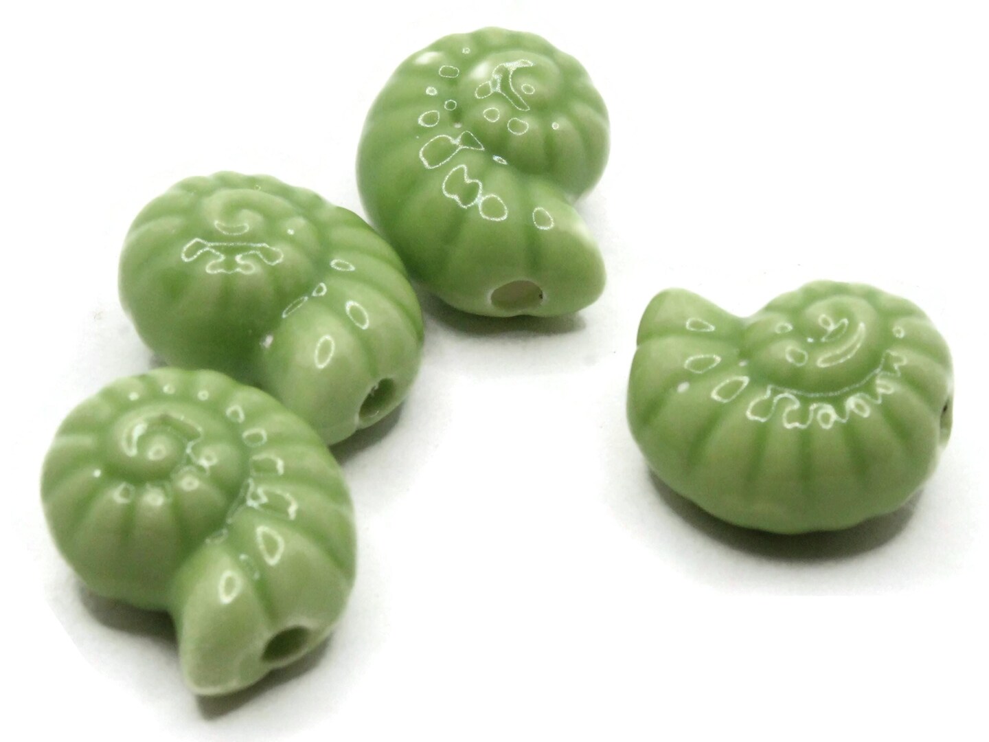 4 14mm Green Porcelain Spiral Seashell Beads