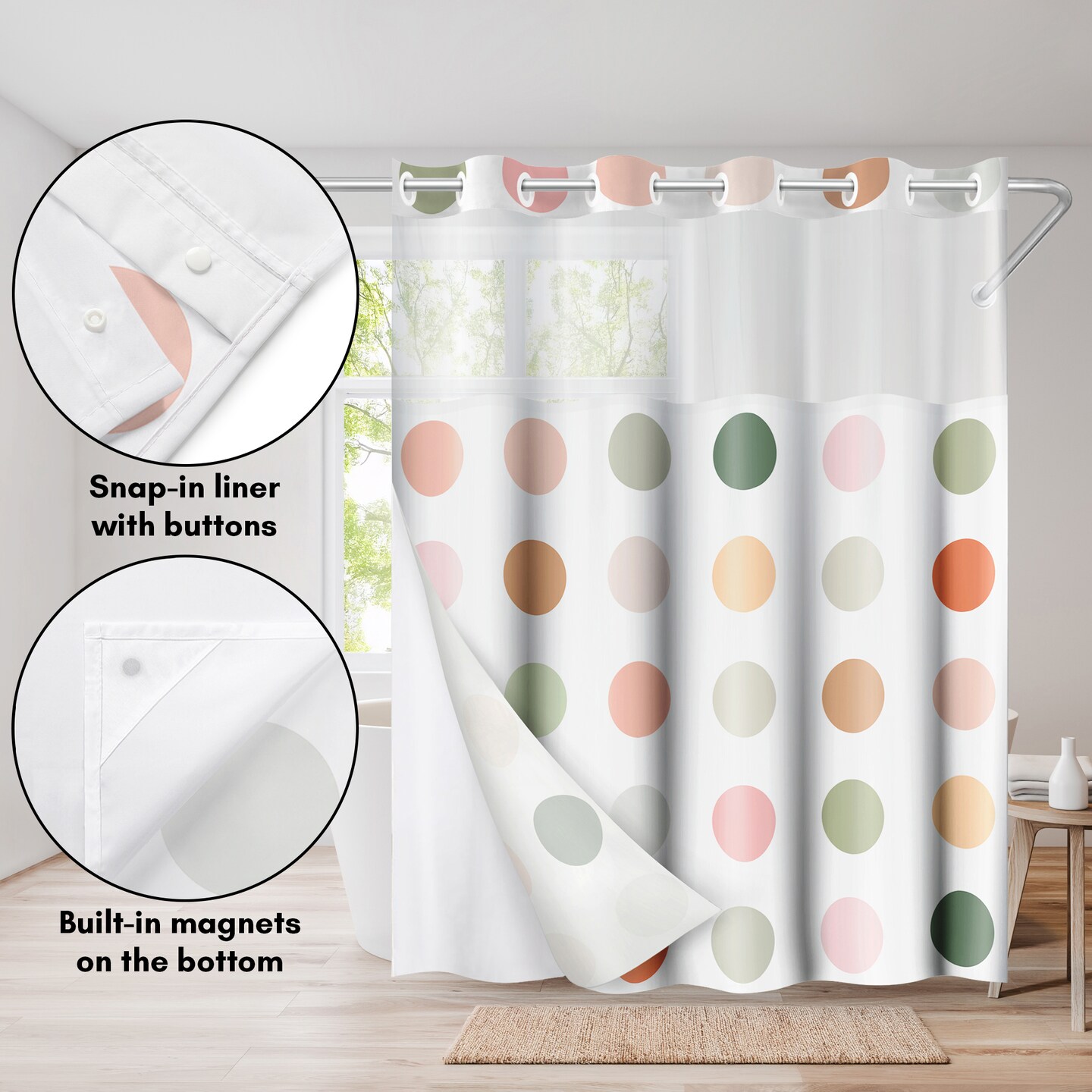 Americanflat 72x75 Hookless Shower Curtain - Polka Dot Green Orange Pink Shower Curtain with Sheer Panel, Snap-In Liner, and Grommets