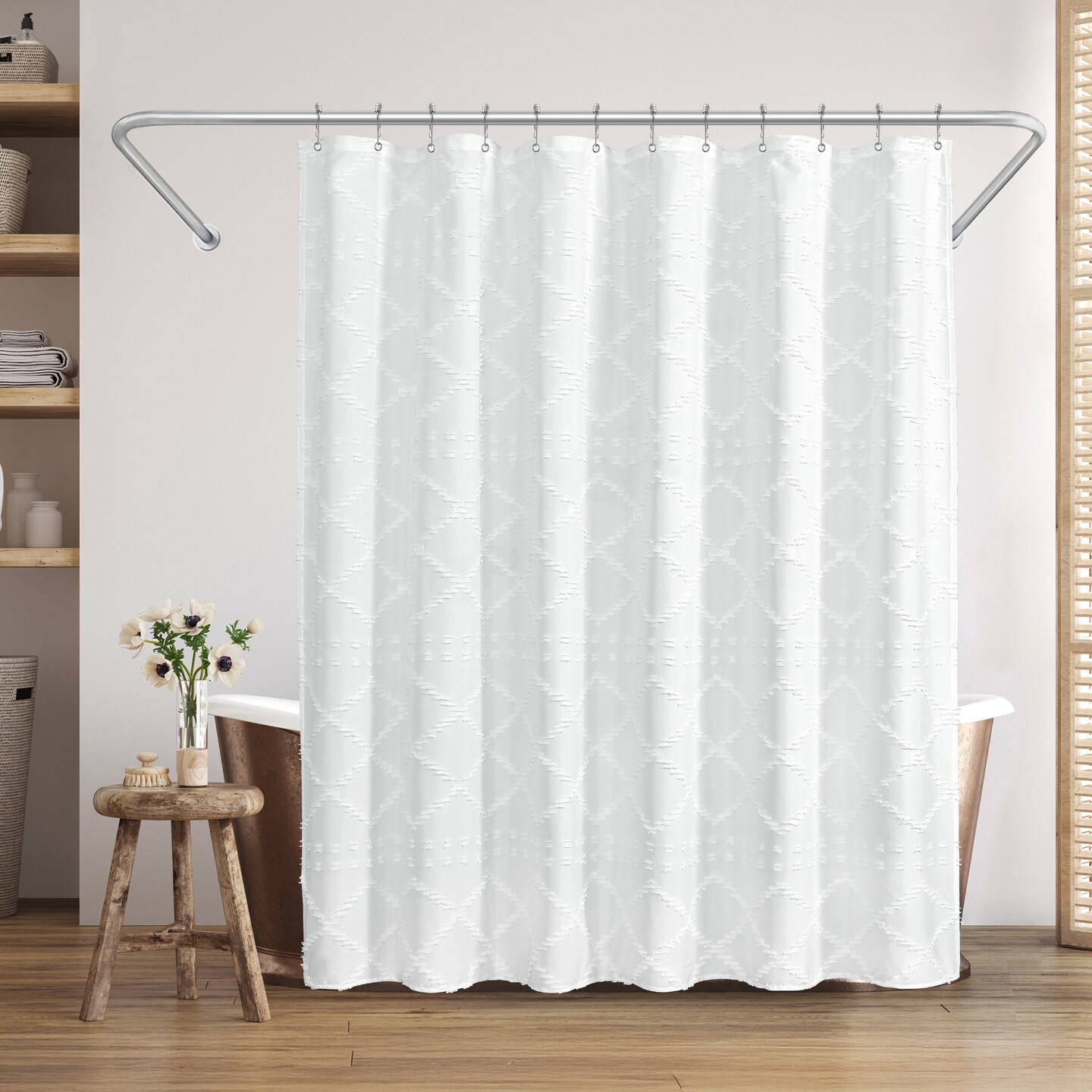 Americanflat 71x71 White Woven Shower Curtain with Tassel And Accents - Includes 12 Grommets and Hooks - 100% Polyester