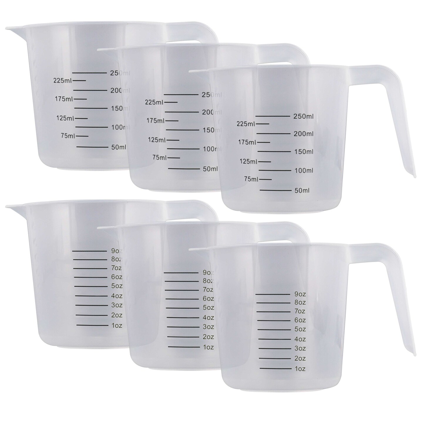 U.S. Kitchen Supply&#xAE; - 8 oz (250 ml) Plastic Graduated Measuring Cups with Pitcher Handles (Pack of 6), 1 Cup Capacity, Ounce, ML Markings, Measure Mix