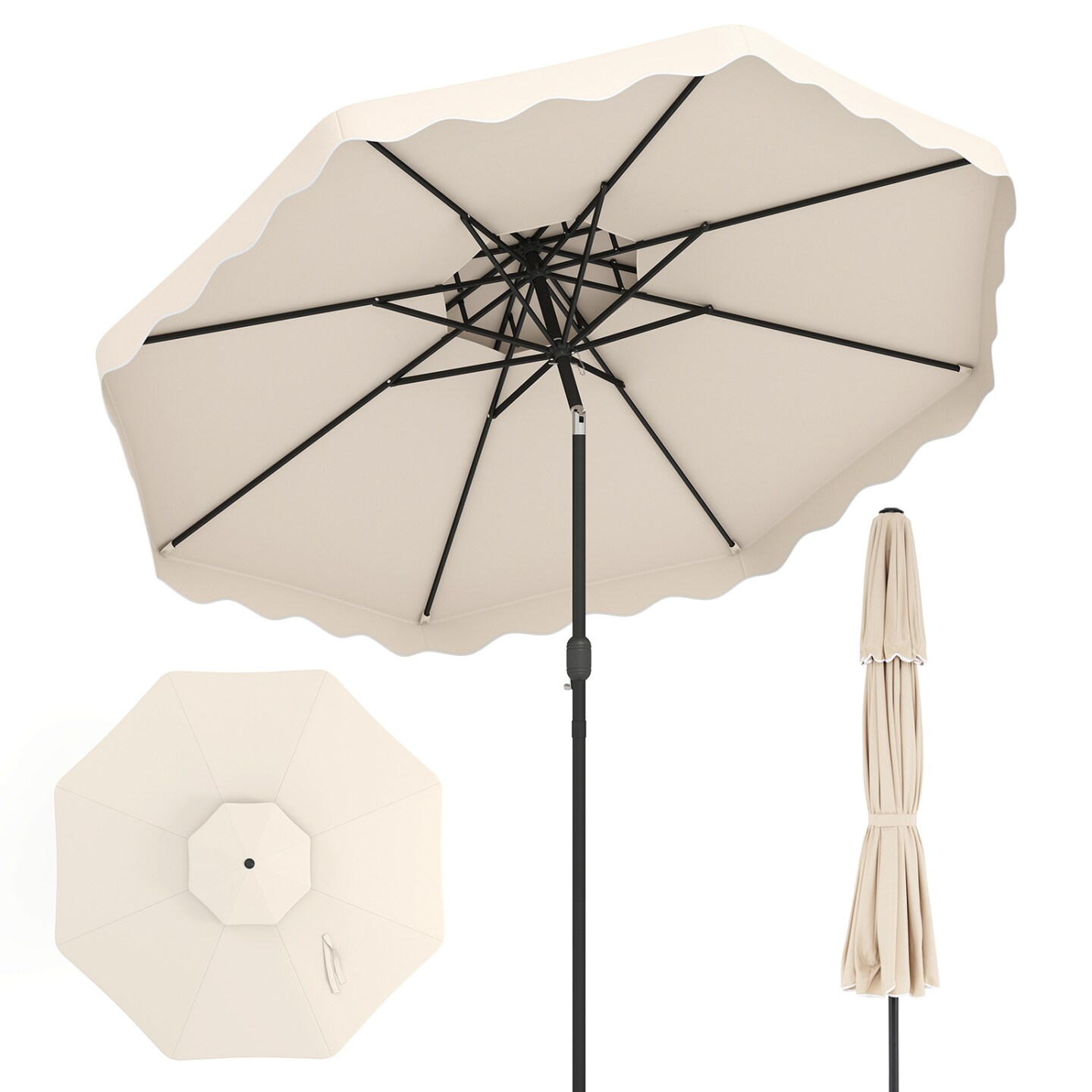 beige market patio umbrella Double-Sided button tilt redirects shade as sunlight shifts The crank handle simplifies opening and closing for daily comfort A 9 ft canopy provides ample shade for small group gatherings The 1.5 pole fits table holes for flexible placement 2 sections connect quickly for easier setup and storage Equipped with reinforced rib pockets for enhanced strength Equipped with a push Domi Outdoor Living - Patio