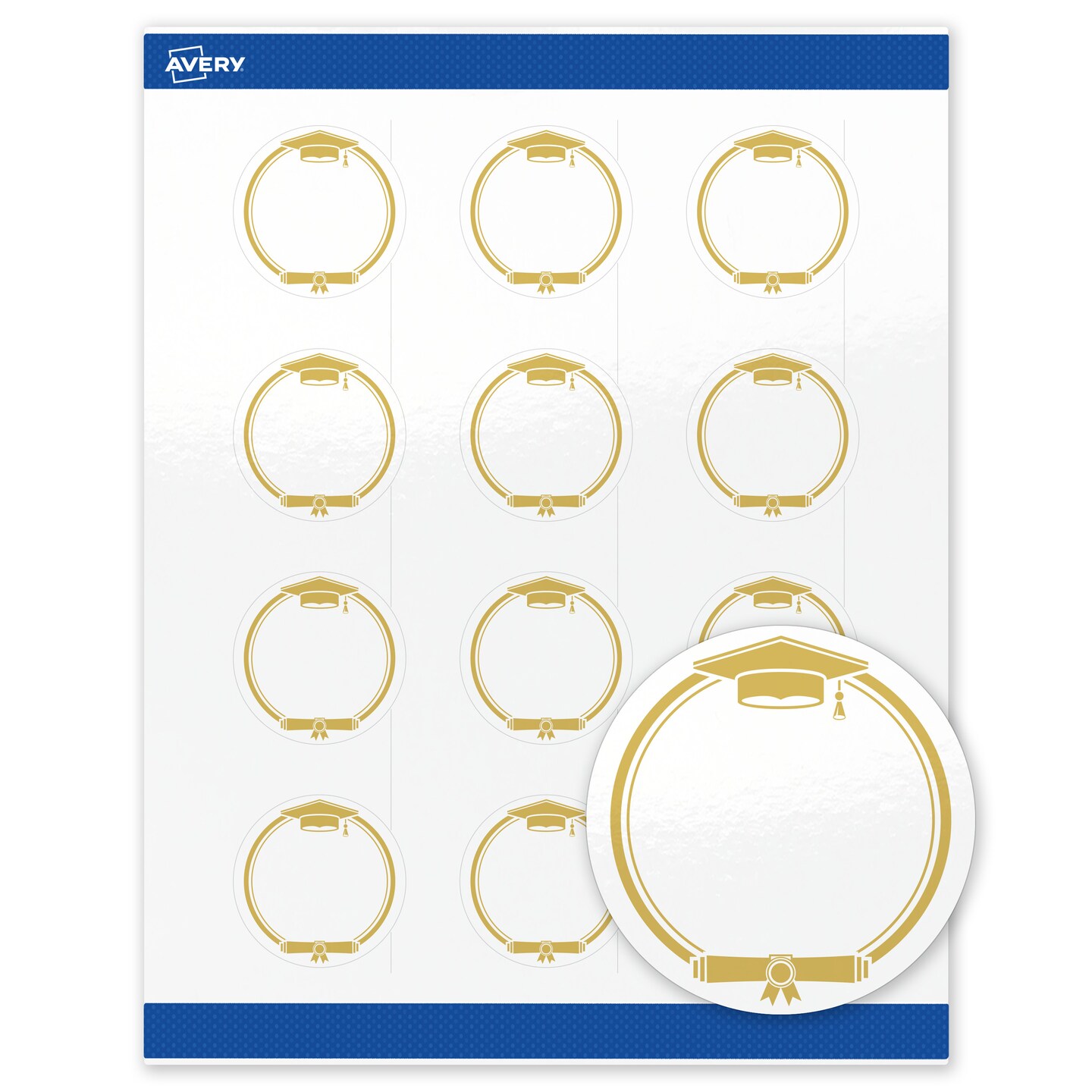 Avery® Printable Round Labels, 2" Diameter, Glossy White, Sure Feed® Technology, Pre-printed Gold Graduation Cap Design Great for Grad Parties, Laser & Inkjet Compatible, 120 Total