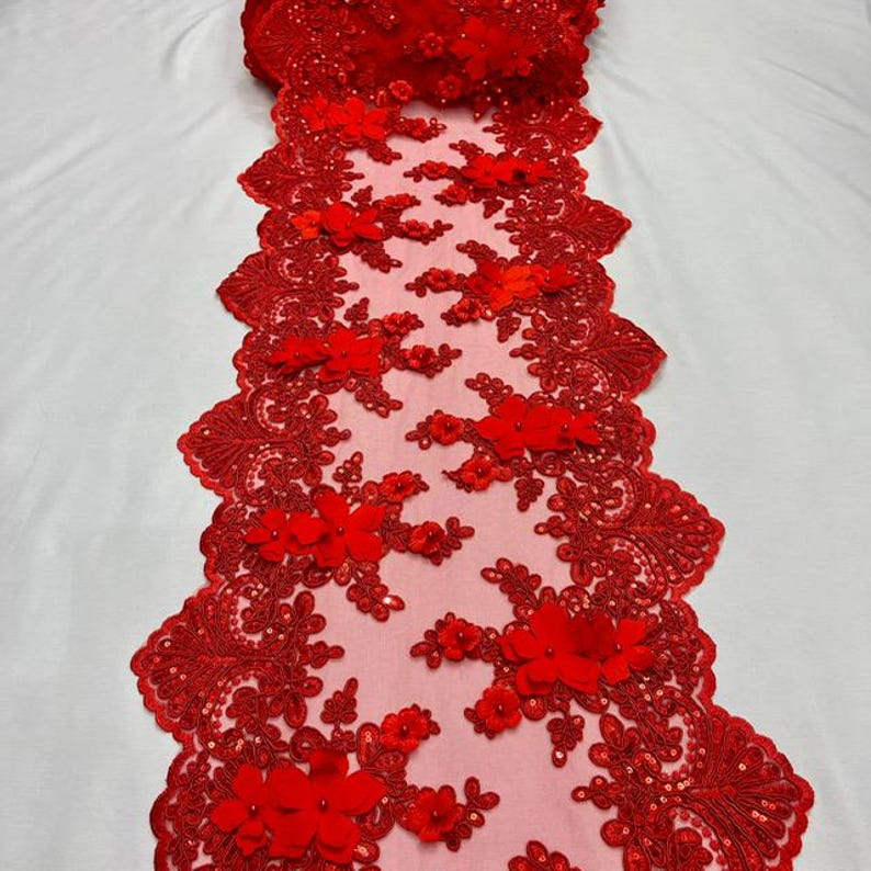 Beaded Lace Table Runner Fabric by the Yard 13" Wide | Red | 3D Embroidered Lace with Pearls & Sequins | Wedding Bridal Event Decor