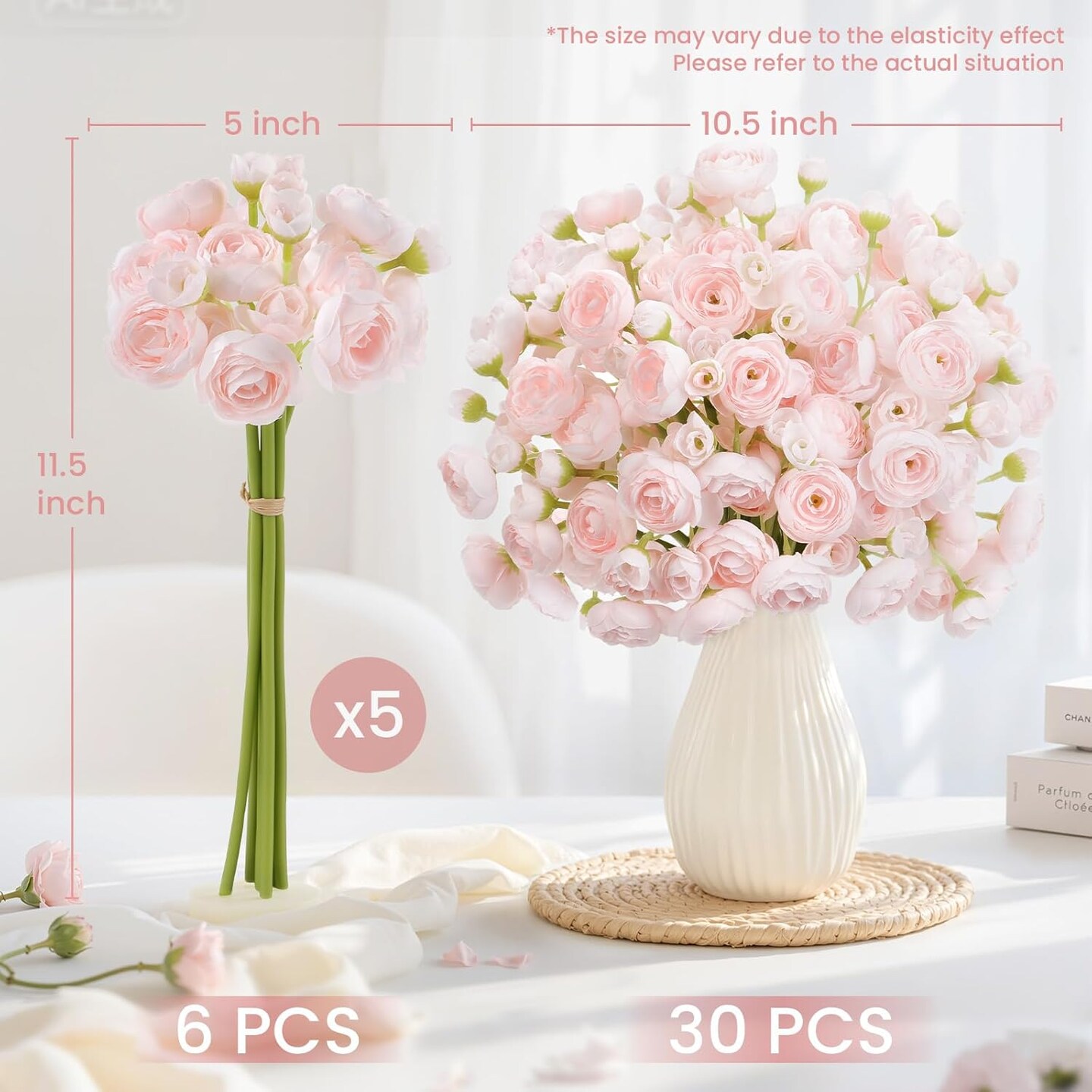 Spring Tabletop Decor – 30PCS Shabby Blush Ranunculus Artificial Flowers, Faux Silk Mini Flowers for DIY Bouquets, Wedding Fillers & Home Decor