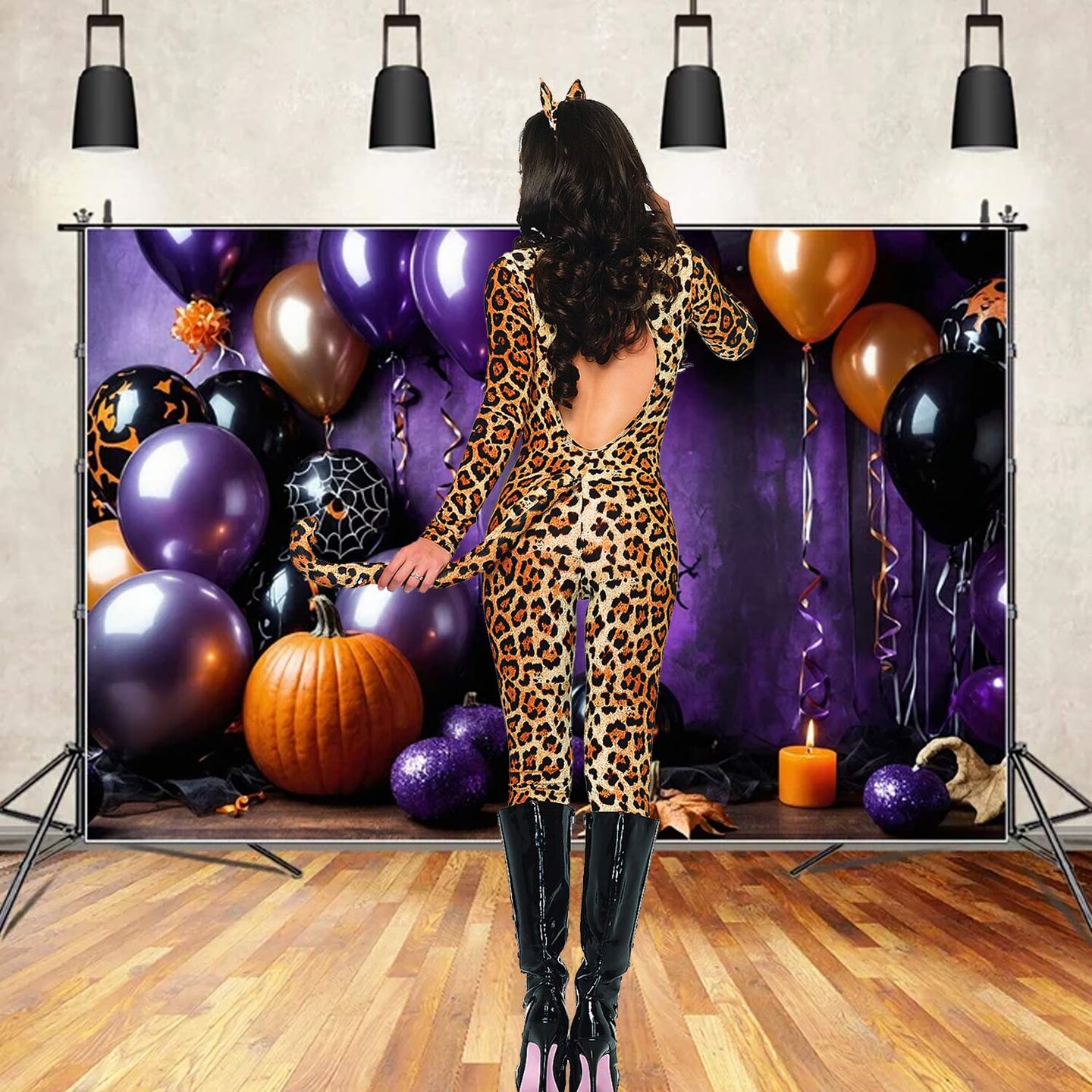 Womens Leopard Costume with Brushed Lycra Catsuit Ears Collar and Tail