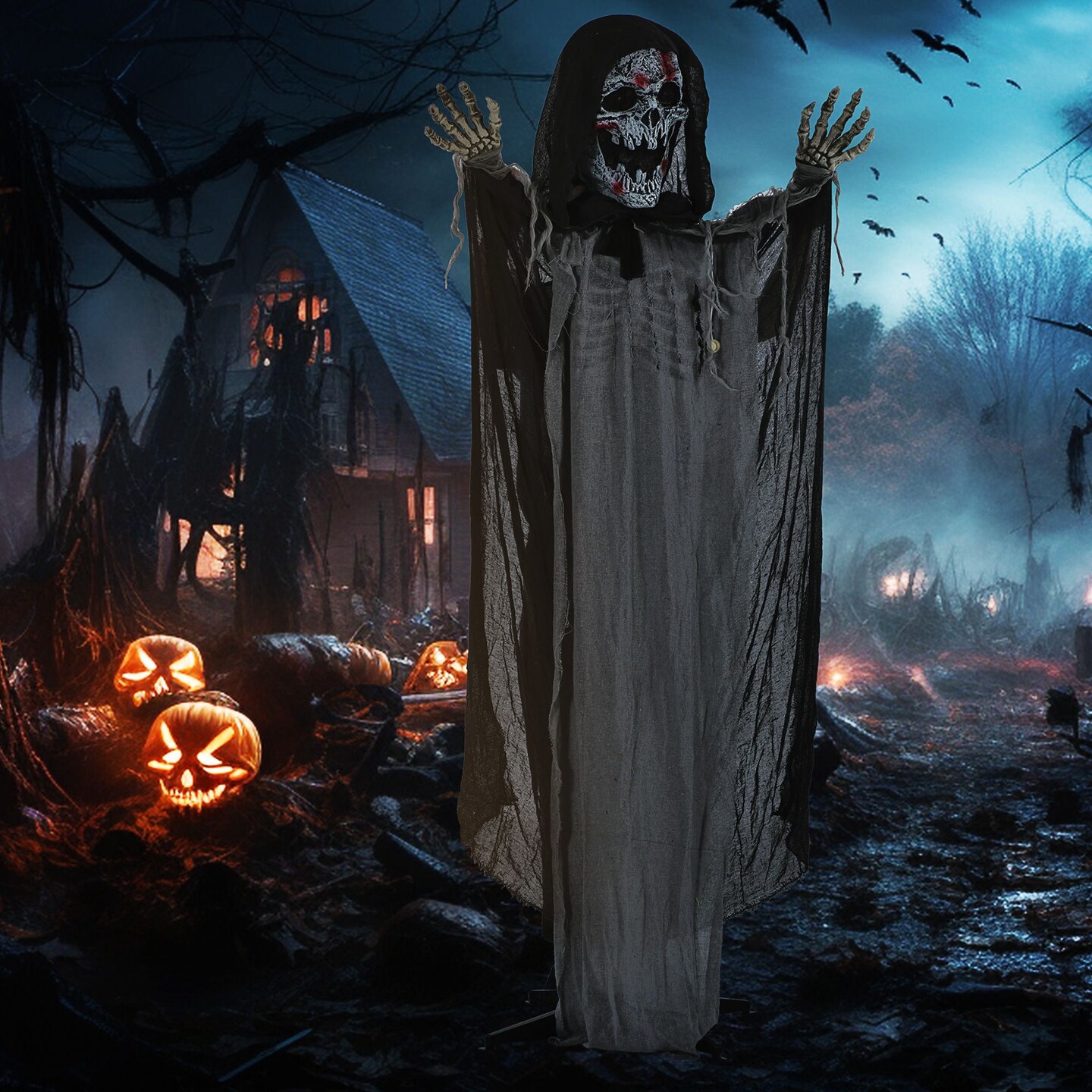 Outsunny Creepy Halloween Skeleton Witch Decoration Animated Prop with Light Up Eyes and Chest Howling Chain Sound