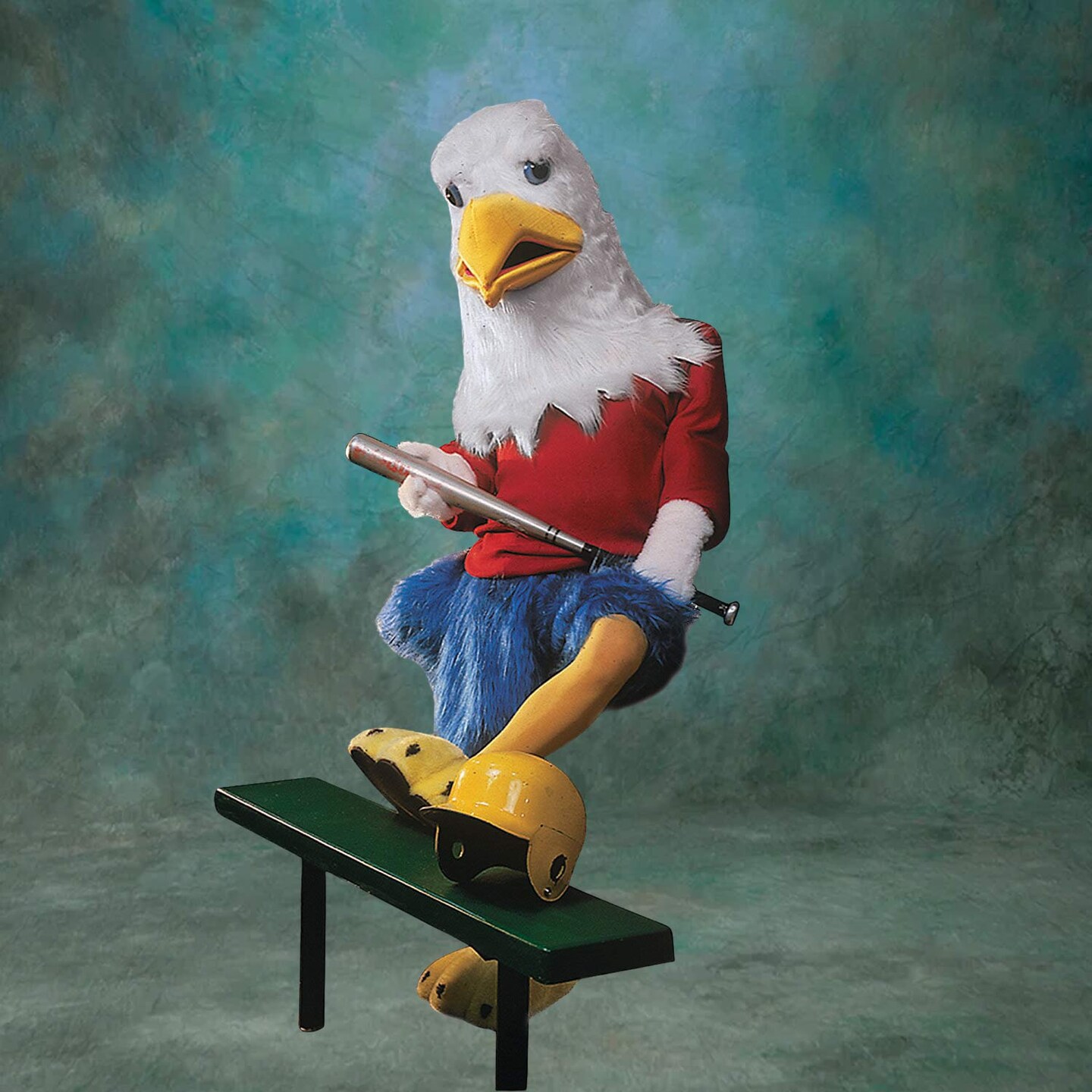 Adult Eagle Costume Blue and White Faux Fur Jumpsuit Red Shirt Yellow Tights and Oversized Head