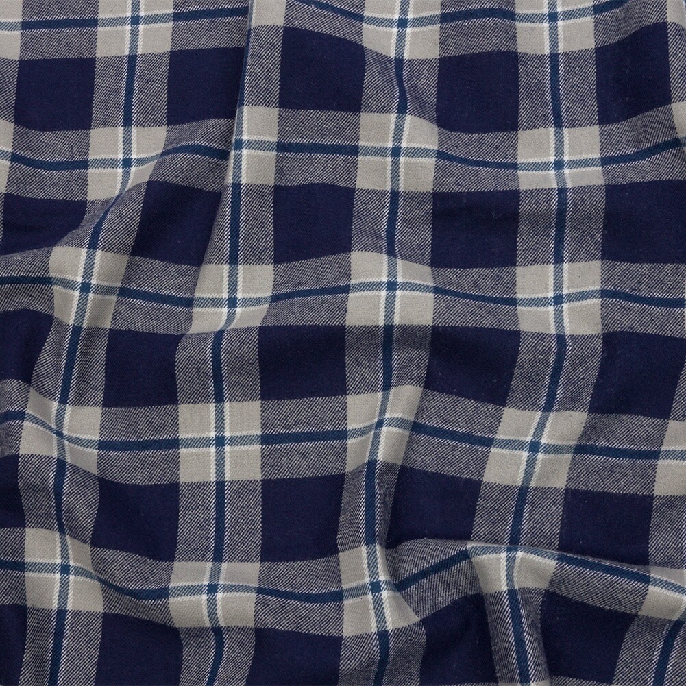 1 Yard Blue and Gray Plaid Cotton Flannel Fabric 56 inch Width