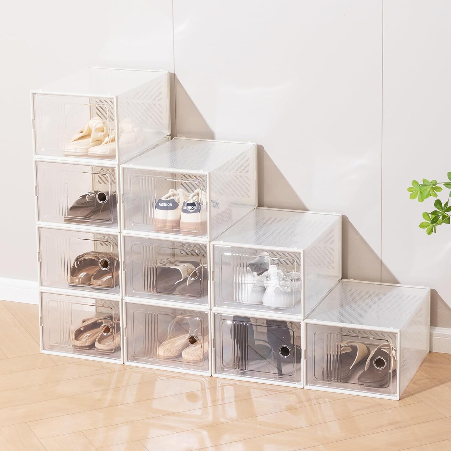 VUSIGN 12 Pack Clear Shoe Storage Boxes, Stackable Plastic Shoe Organizers for Closet, Space-Saving Foldable Sneaker Container Bins with Lids, L, White