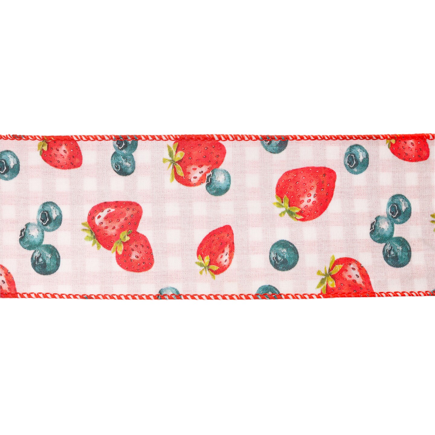 LaRibbons 1 1/2" - 2 1/2" Wired Ribbon | Strawberry/Blueberries on White w/ Checked Back | 10 Yard Roll