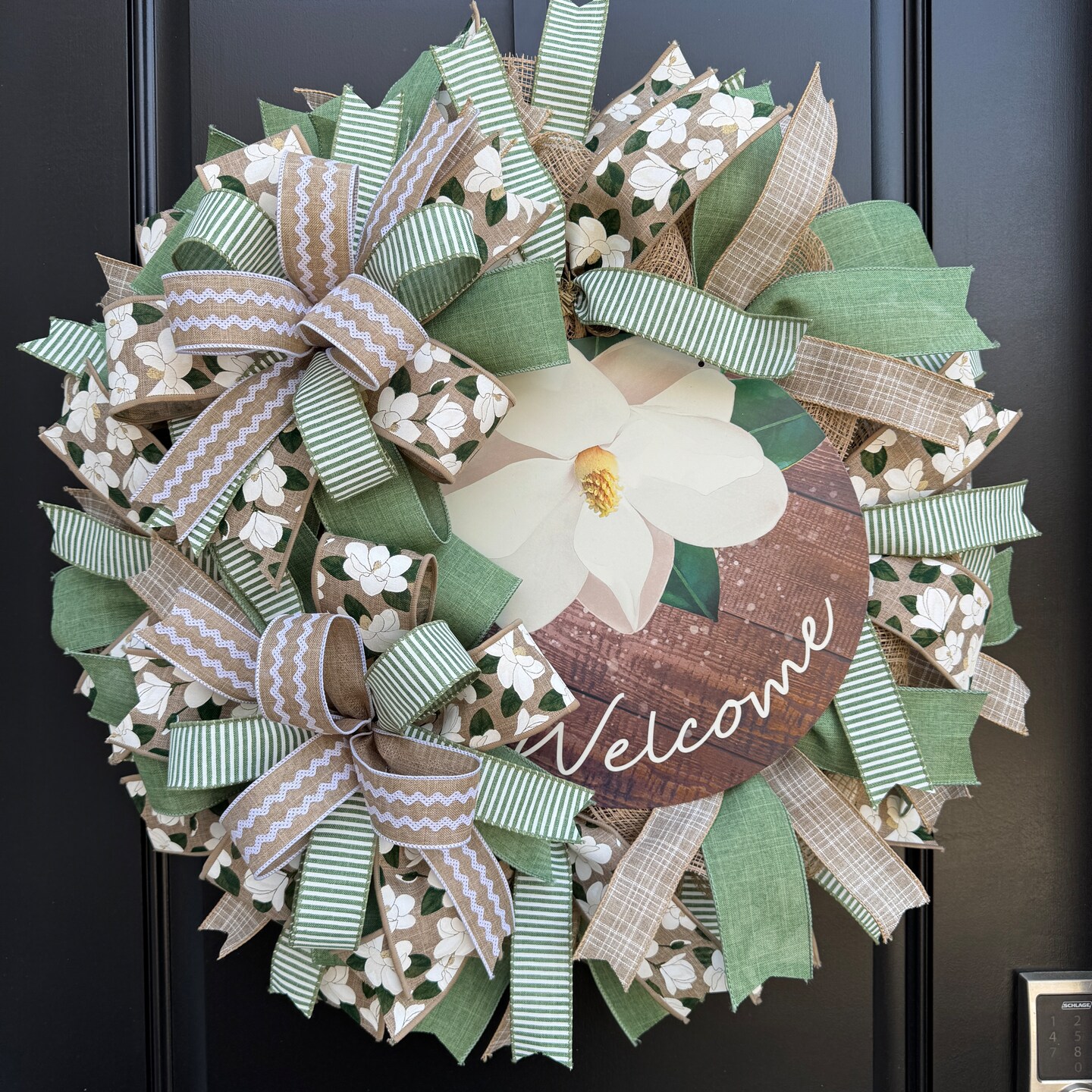 Magnolia Welcome Wreath: Neutral Green Tan Burlap Door Decor