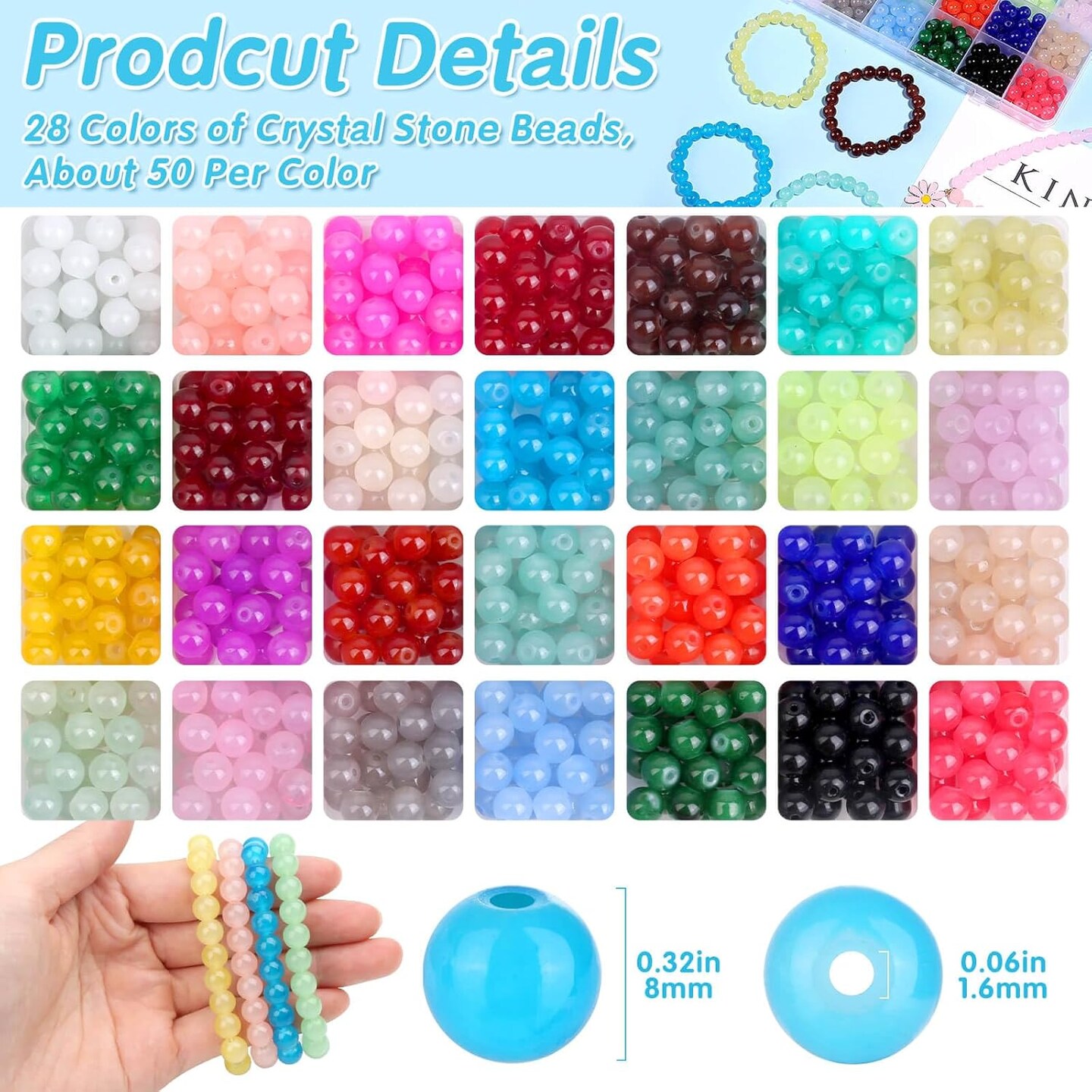 1400PCS Glass Beads for Jewelry Making, 28 Colors 8mm Crystal Beads Bracelets Making Kit, 2 Box Round Beads Suitable for Beginners