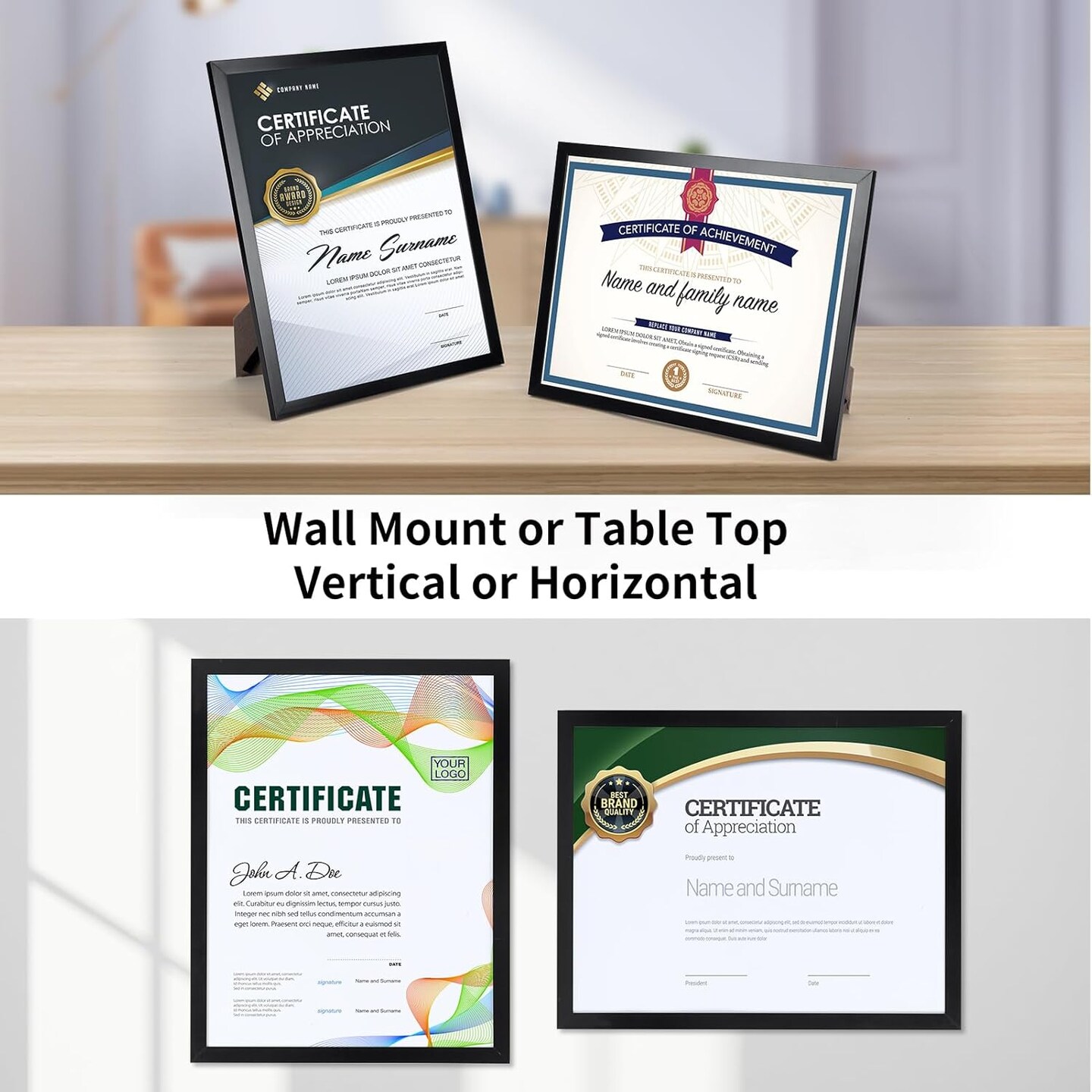 8.5x11 Picture Frame Black Display 8.5 x 11 Inch Certificate Photo Poster, Horizontal and Vertical Formats for Wall or Tabletop, 1 Pack