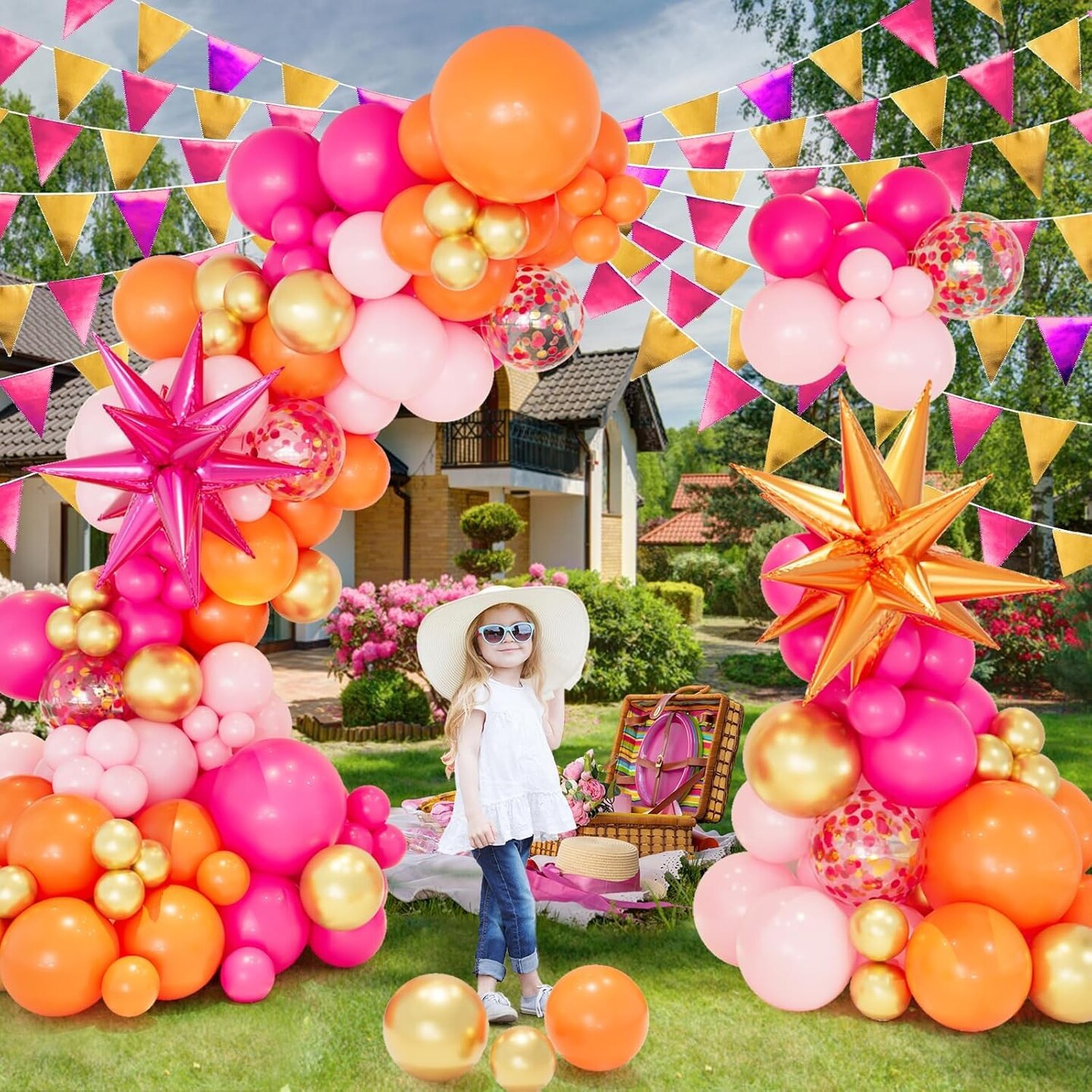 Pink Orange Balloon Garland Arch Kit, 146pcs Hot Pink Orange Metallic Gold Latex Balloons with Hot Pink and Orange Exploding Star Foil Balloons for Birthday Summer Tropical Wedding Party Decorations