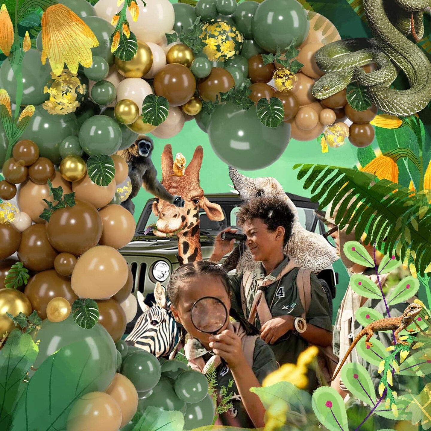 140 pcs Jungle Safari Balloon Garland Kit, Sage Green Brown Safari Wild One Balloon Arch with Animal Print Balloons Palm Leaves for Party Decorations