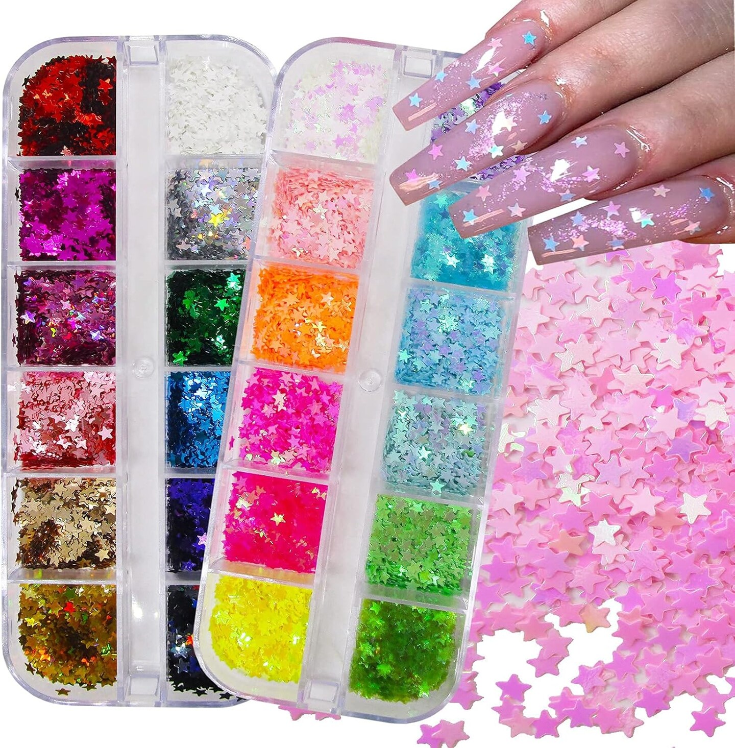 24 Colors Star Chunky Glitter Flakes Holographic Mylar Stars Shapes Glitters Confetti Nail Sequins for Acrylic Nails Crafts Resin Makeup