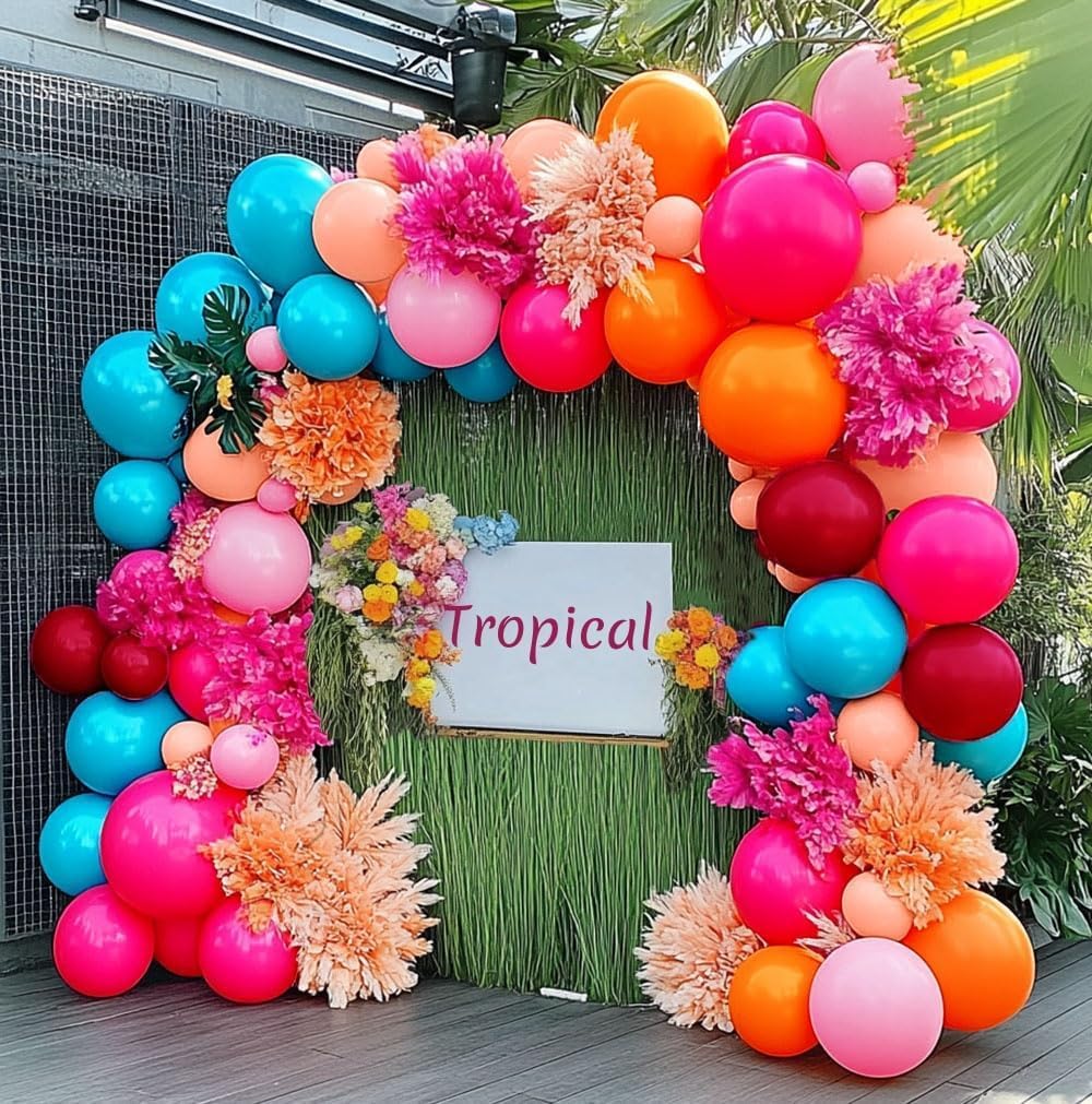 Hot Pink Blue Orange Balloon Garland Double Stuffed Teal Orange Pastel Pink Peach Latex Metallic Burgundy Balloon Arch Kit for Tropical Summer Hawaii Luau Flamingo Birthday Party Decoration