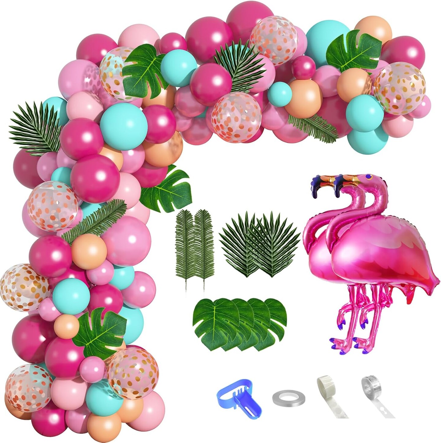 124 Pcs Tropical Flamingo Balloon Arch Garland Kit 40" Flamingo Balloons Hot Pink Confetti Balloons Tropical Palm Leaves 4 Tools Hawaiian Luau Birthday Wedding Baby Shower Party Decorations Supplies