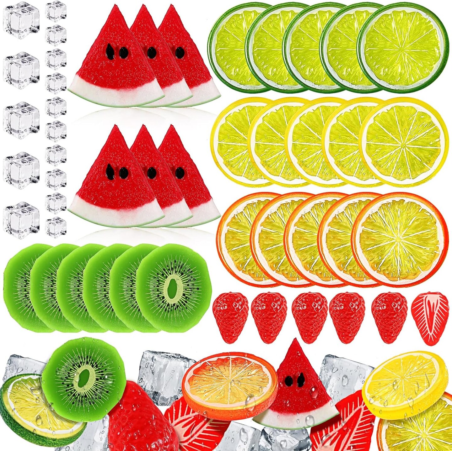 48-Piece Fake Fruit Ice Cube Set – Mixed Lemon, Watermelon, Strawberry, and Kiwi Slices with Clear Ice Cubes for Party, Kitchen, Wedding, and Centerpiece Display Décor
