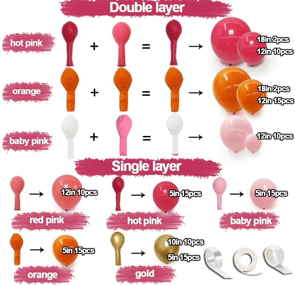Pink Orange Balloon Garland Double Stuffed Hot Pink Balloon Orange Gold Balloons Arch Kit For Baby Shower Birthday Wedding Fiesta Tropical Luau Summer Love Party Decorations