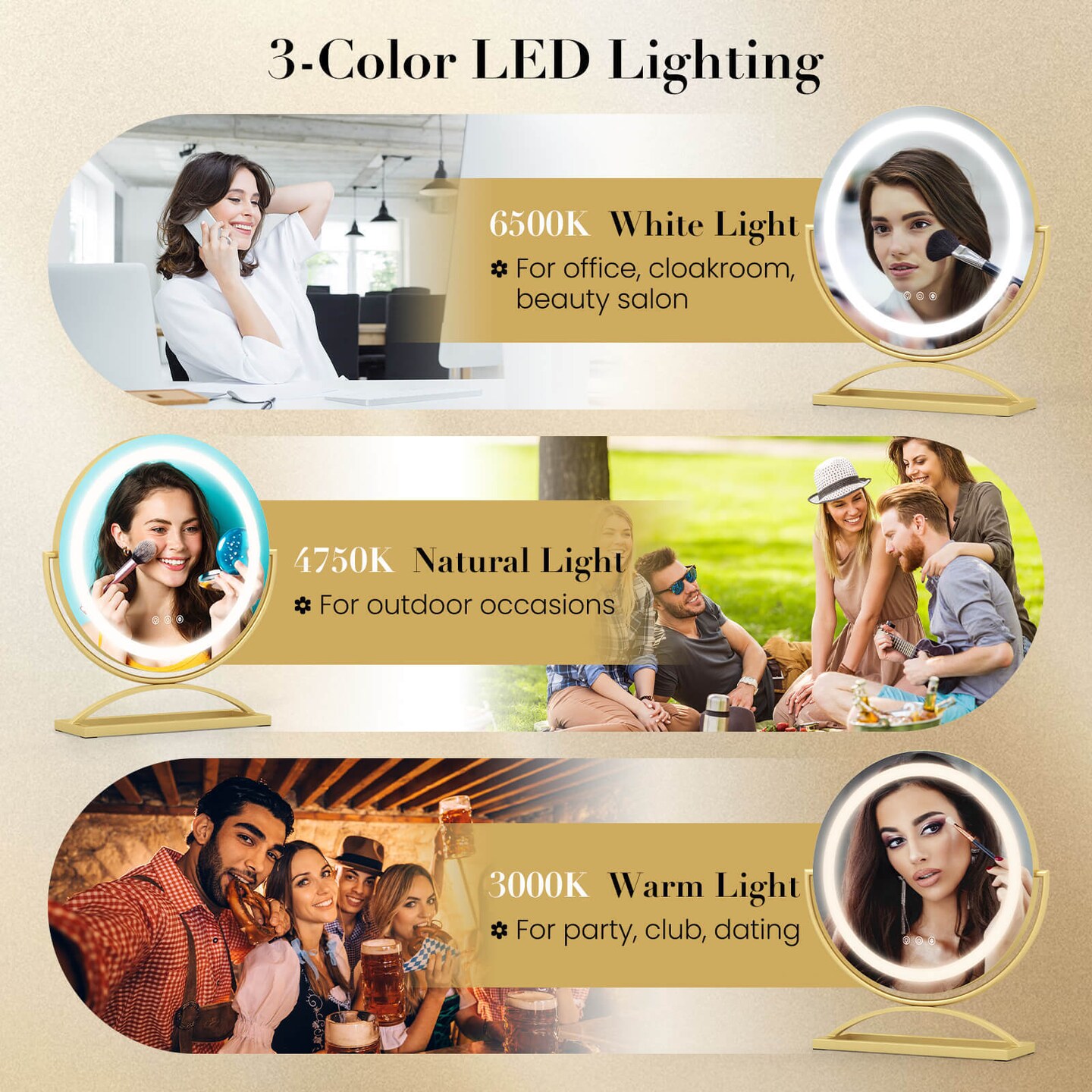 Round Makeup Vanity Mirror with 3 Color Dimmable LED Lighting