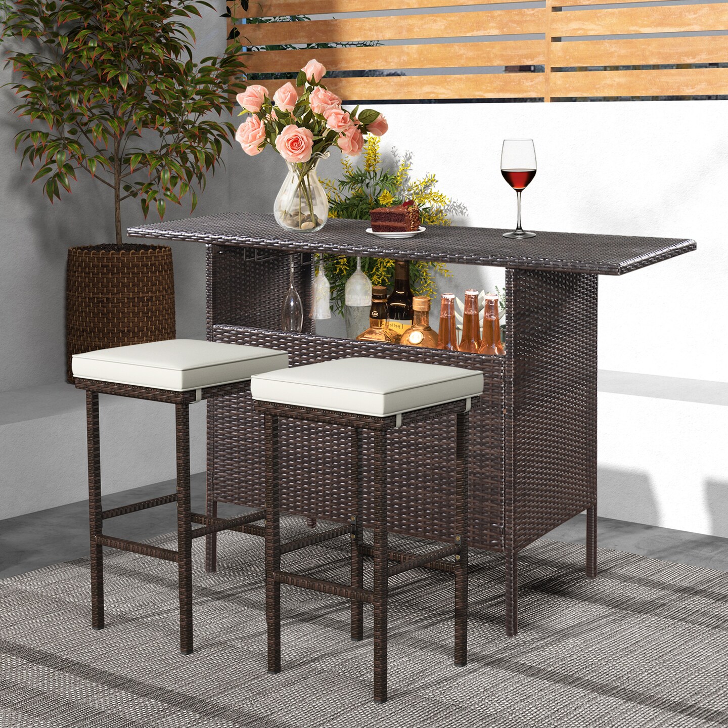 Set of 2 Patio Wicker Bar Stools with Seat Cushions and Footrest