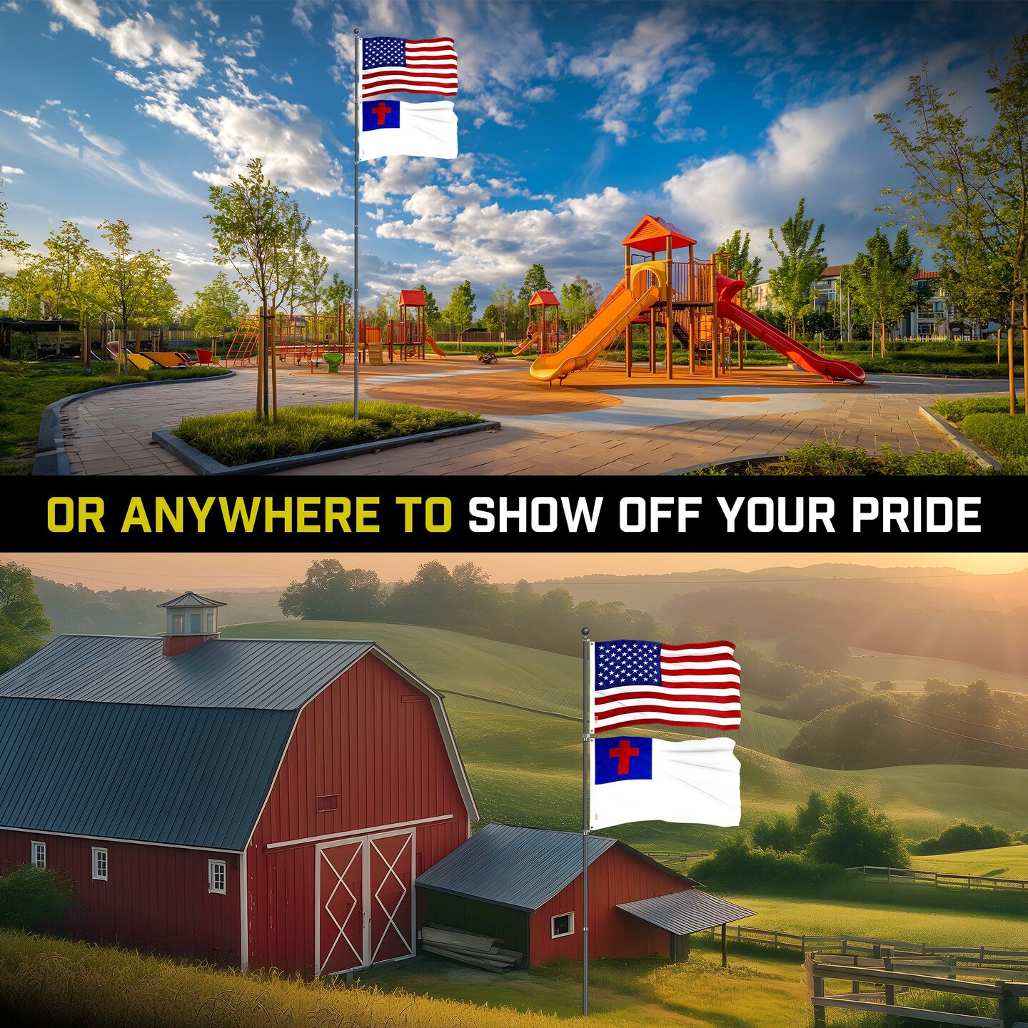 G128 Combo Pack: 20 Ft Telescoping Aluminum Flagpole (Black) &#x26; American and Christian Flags 3x5 Ft, Both ToughWeave Series Embroidered Polyester | Pole with Flags Included