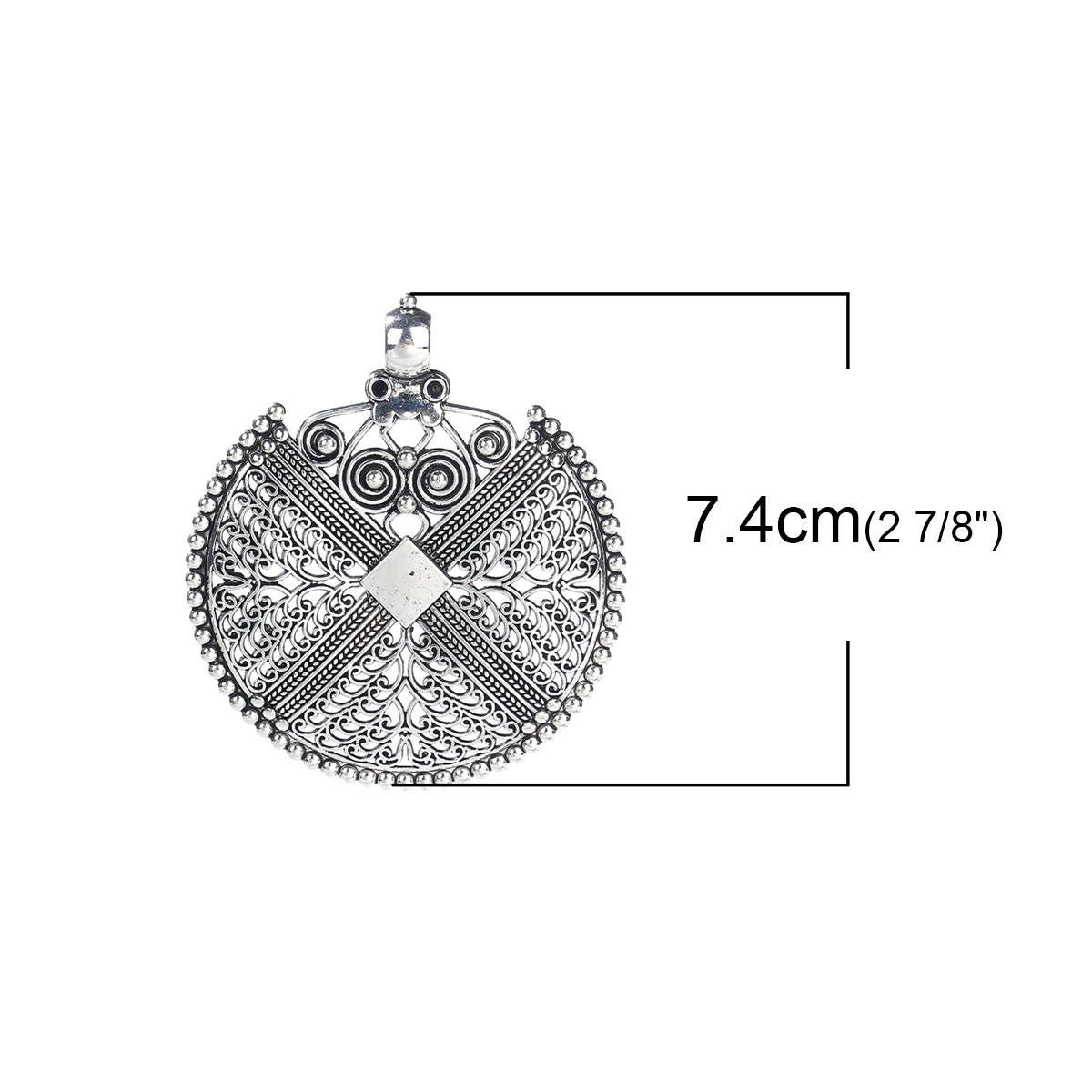 64x72mm Antique Silver Boho Filigree Round Pendant