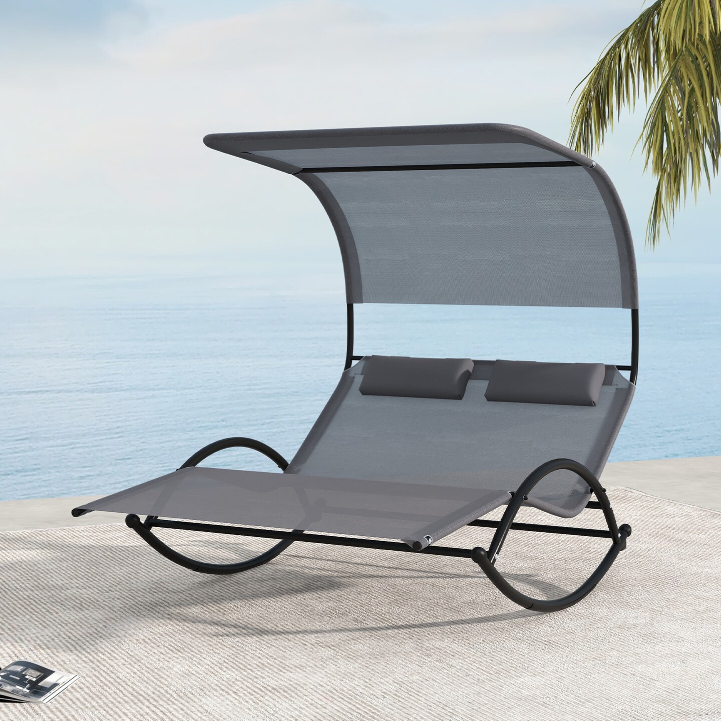 Outdoor Dual Rocker Sunbed 2-Person Canopied Patio Lounger with Detachable Headrests-Grey