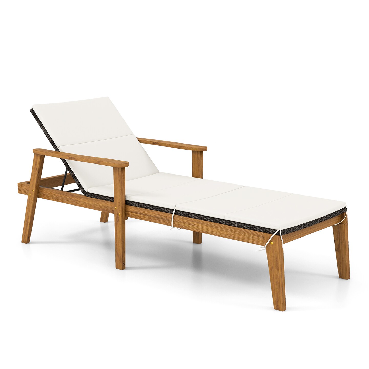 Outdoor Chaise Lounge Acacia Wood PE Rattan Adjustable Recliner Patio Lounger Beige Cushion