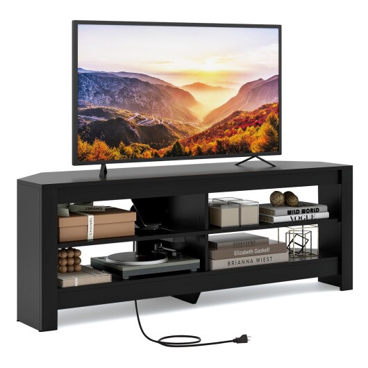 Corner TV Stand with Power Outlet and 4 Open Storage Shelves-White