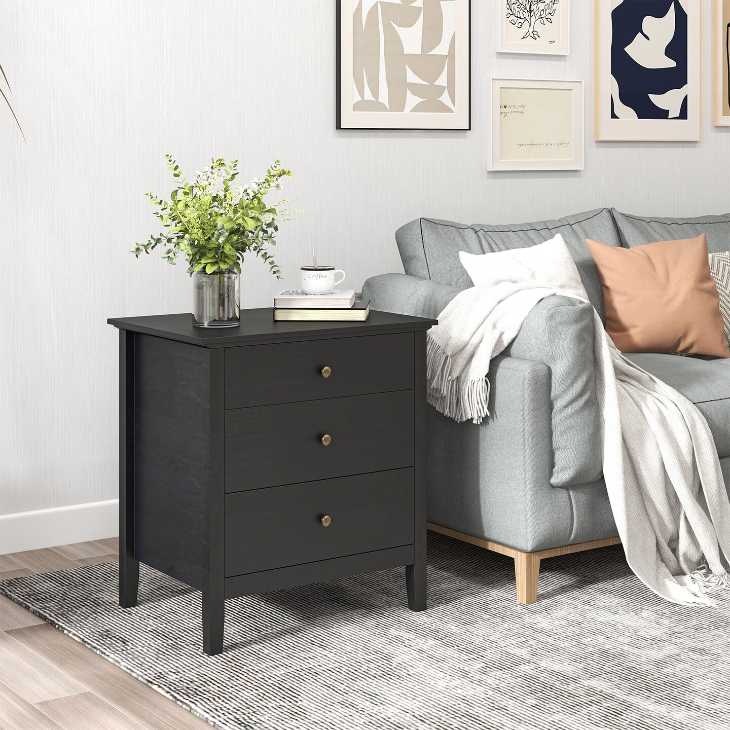 Nightstand Beside End Side Table Organizer with 3 Drawers
