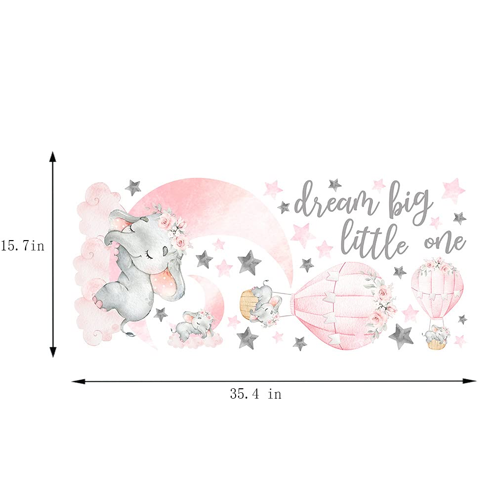 Dream Big Little One Elephant Wall Stickers, Pink Moon Hot Air Balloon Grey Stars Wall Decals for Nursery Kids Room Living Room Bedroom Decorations Home Decor