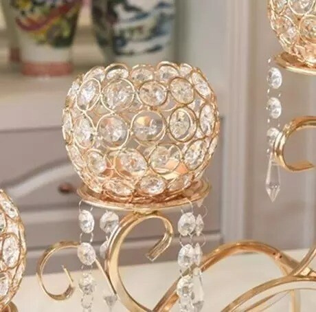 27&#x22; wide Gold Horizontal Candle Holder Crystal Beads Wedding Home Centerpiece