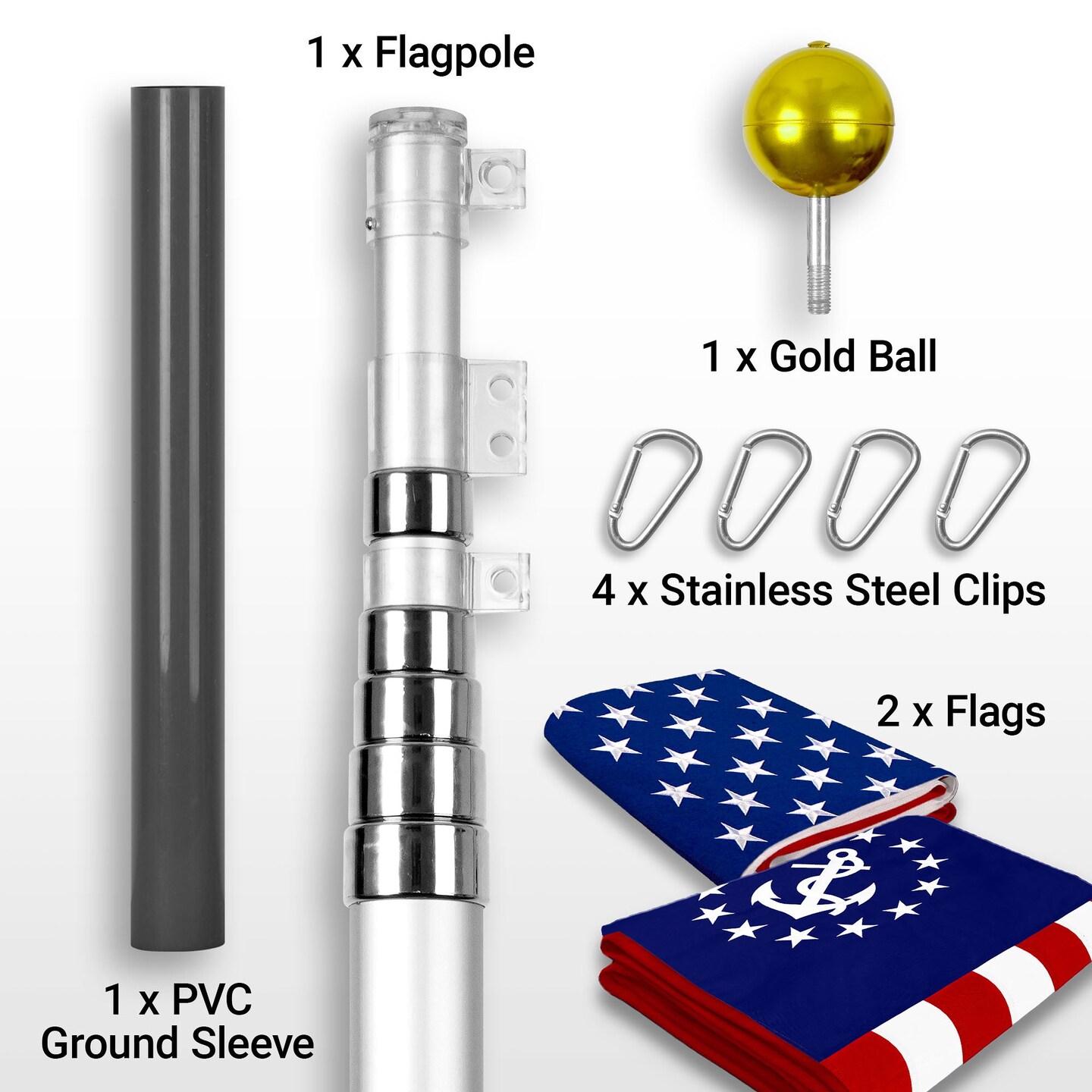 G128 Combo Pack: 20 Ft Telescoping Aluminum Flagpole (Silver) &#x26; American and USA Yacht Ensign Flags 3x5 Ft, Both ToughWeave Series Embroidered Polyester | Pole with Flags Included