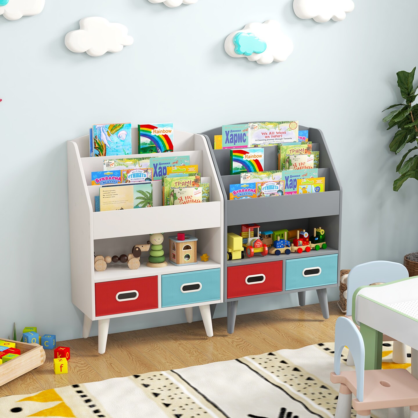 Toddlers Bookshelf with Open Compartment and Two Fabric Drawers - 25&#x22; x 12&#x22; x 36&#x22;